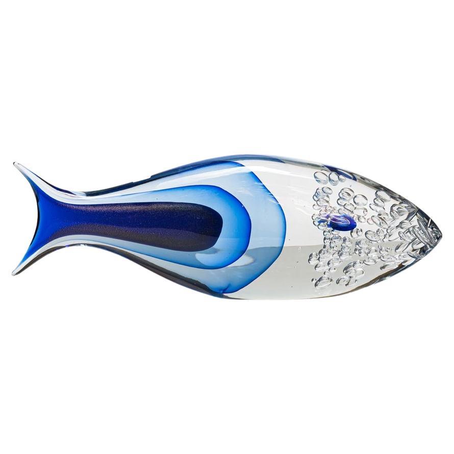Scultura di pesce in vetro di Murano Glass Sommerso blu chiaro e oro, soffiato a mano