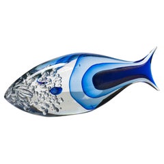 Sculpture de poisson en verre Murano Glass Sommerso bleu clair et or soufflé à la bouche