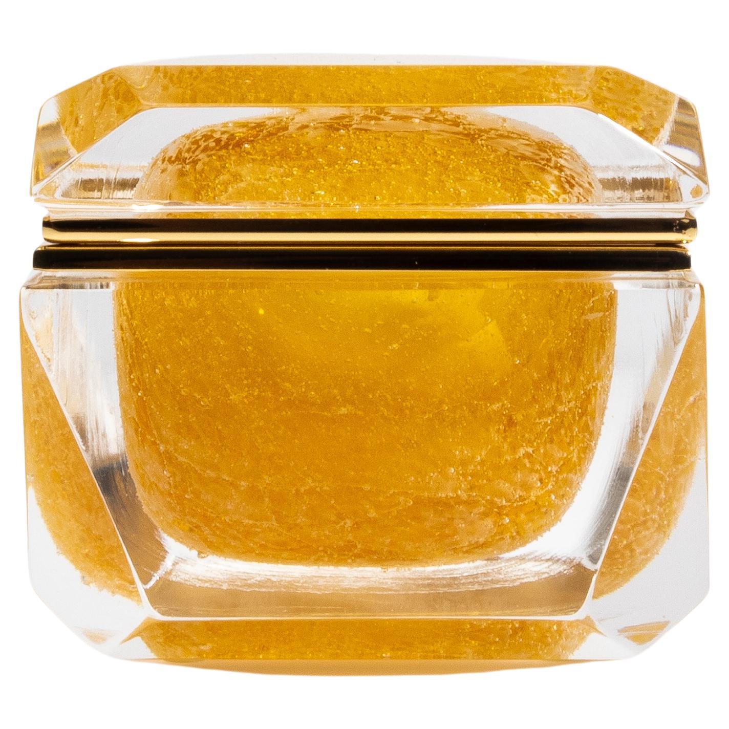 Hand Blown Murano Box in Amber with Bubbles and Brass Fittings