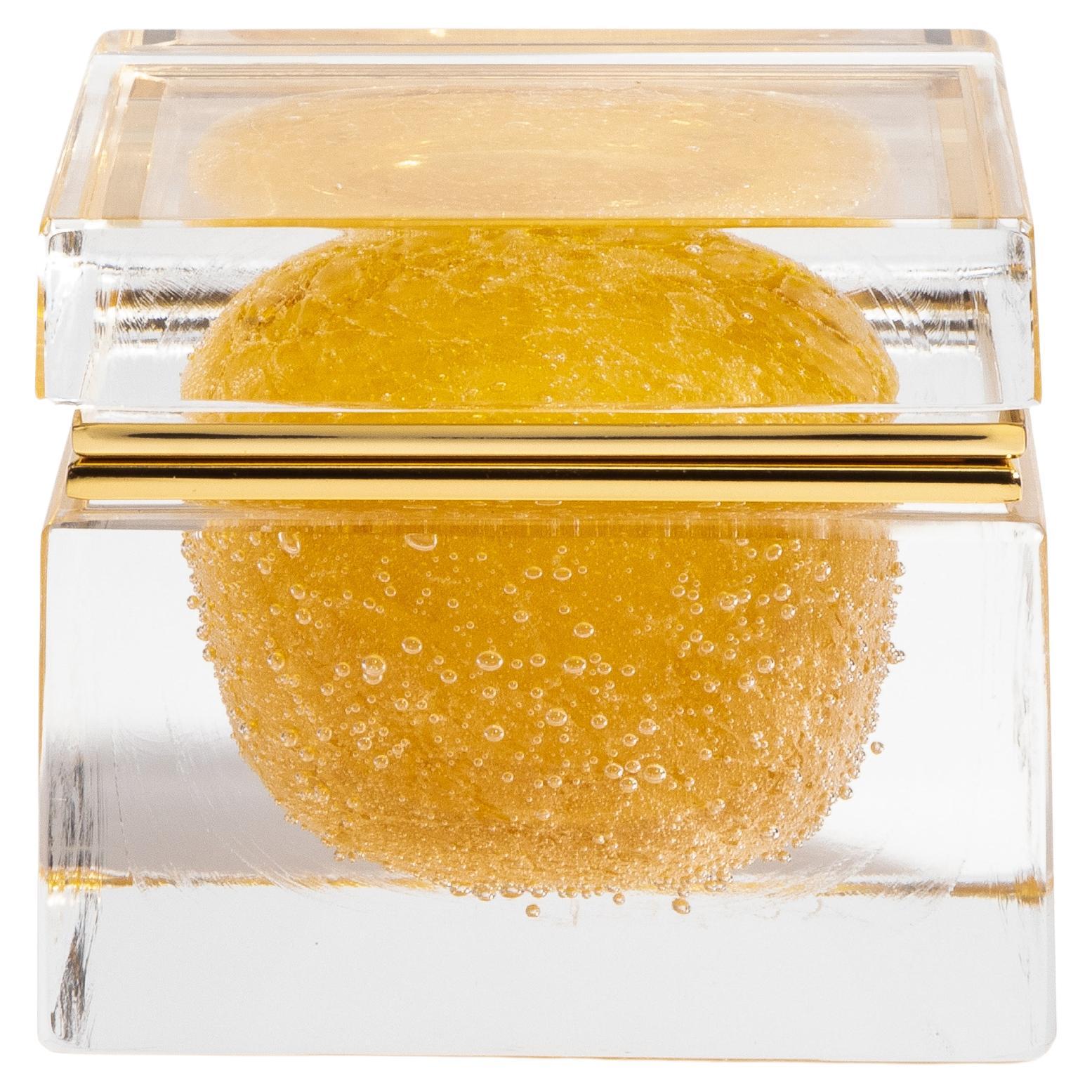 Hand Blown Murano Box in Amber with Bubbles and Brass Fittings For Sale