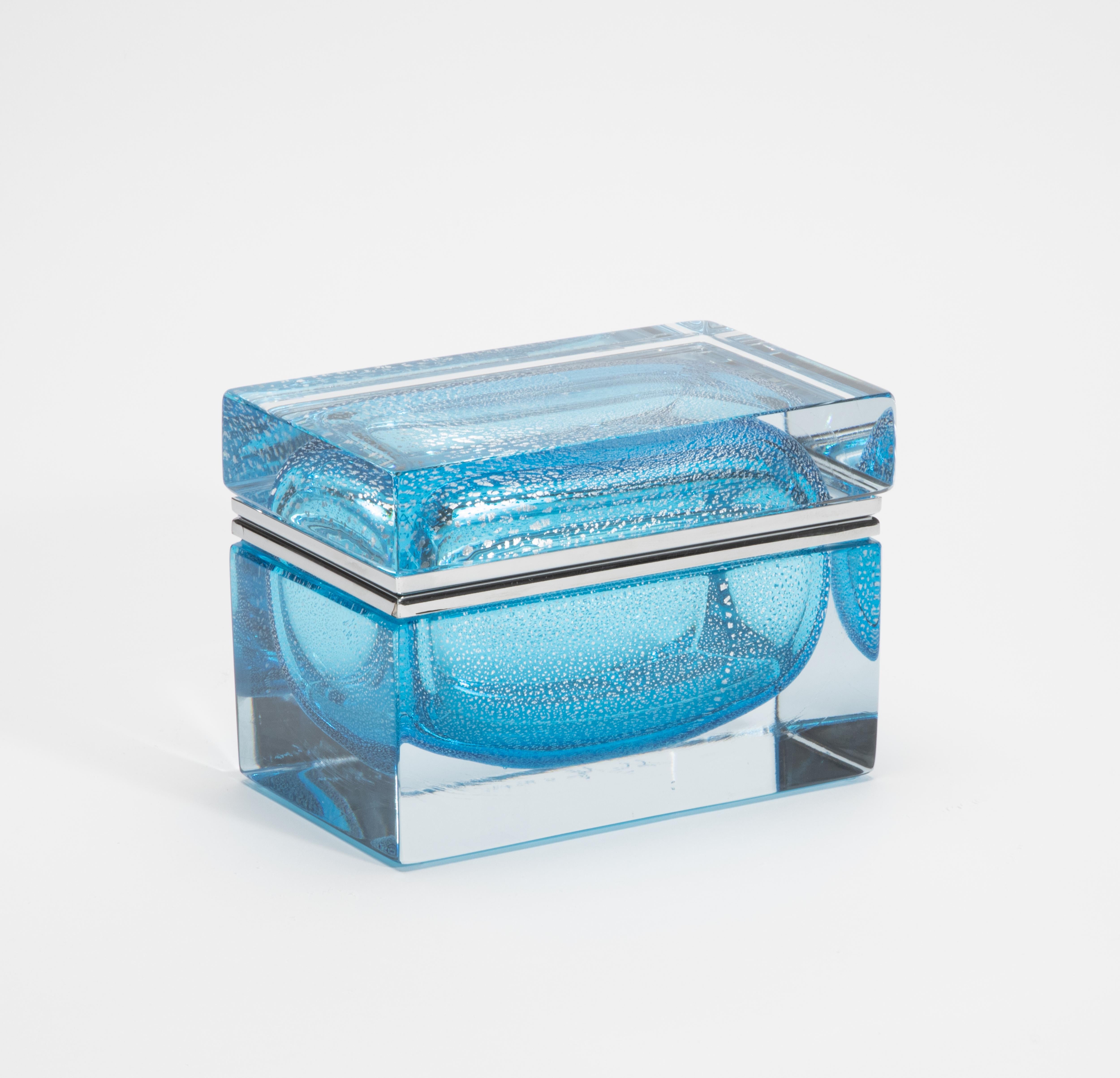 Modern Hand-Blown Murano Box in Aqua Blue with Silver Flecks and Chrome Fittings For Sale