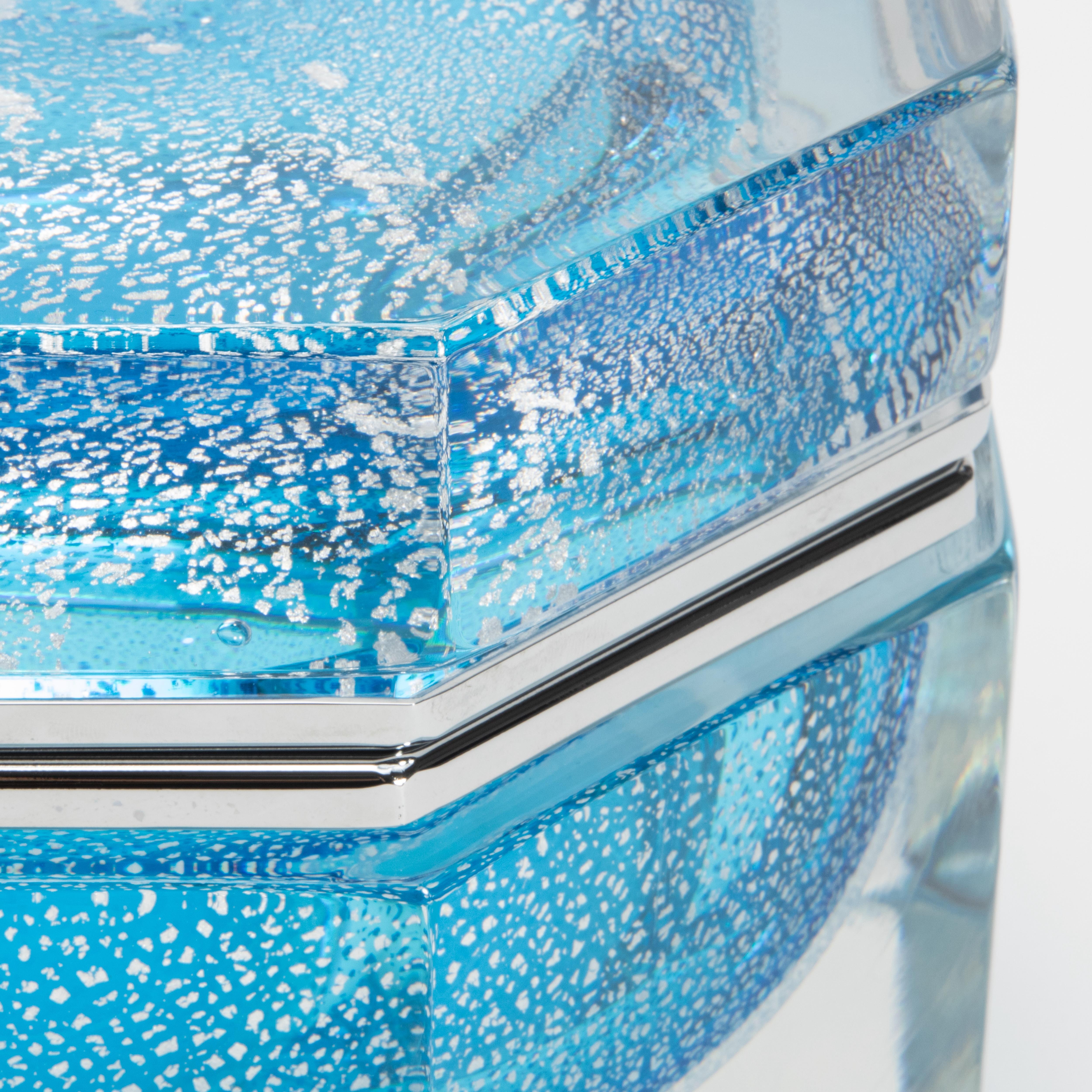 Modern Hand-Blown Murano Box in Aqua Blue with Silver Flecks and Chrome Fittings For Sale