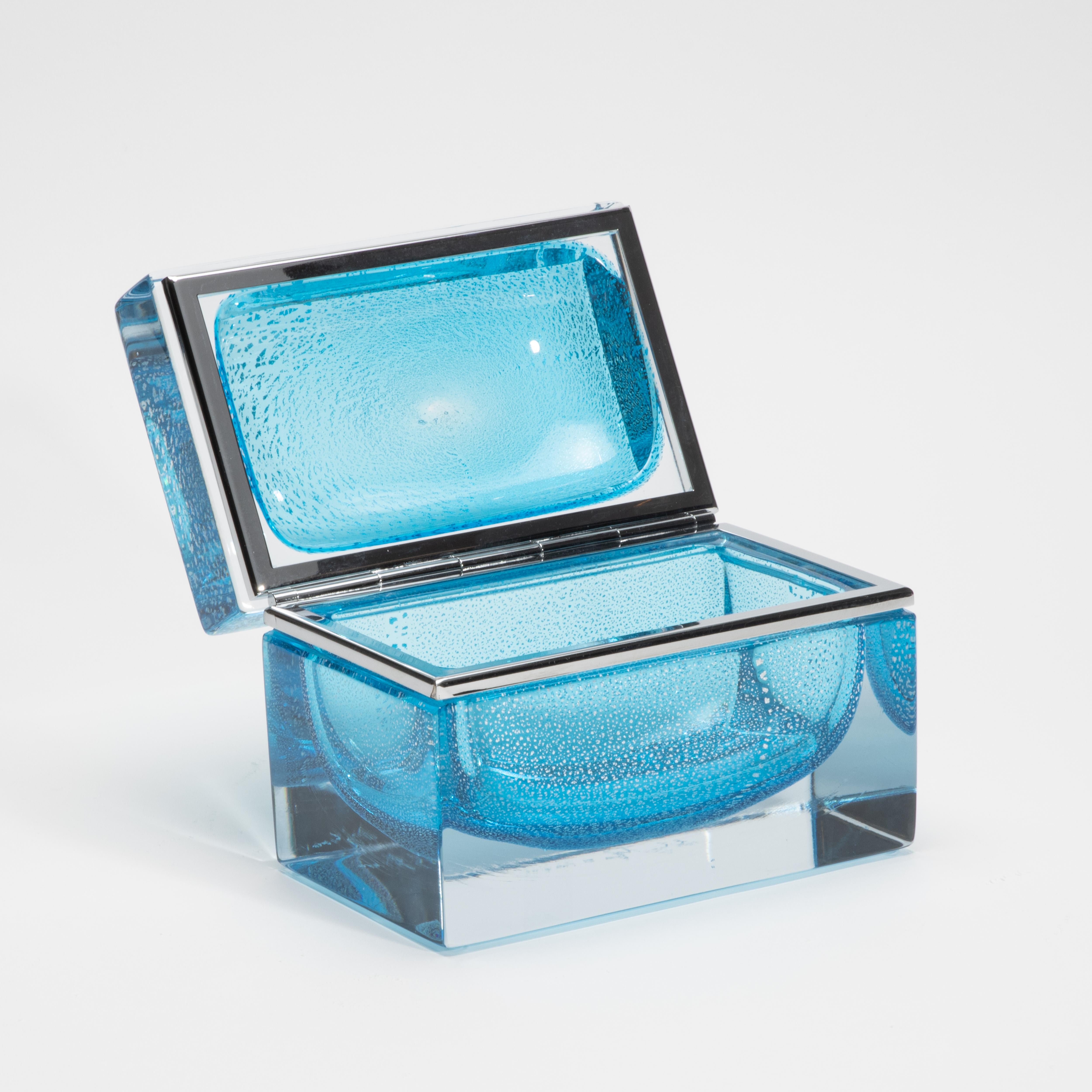 Hand-Crafted Hand-Blown Murano Box in Aqua Blue with Silver Flecks and Chrome Fittings For Sale