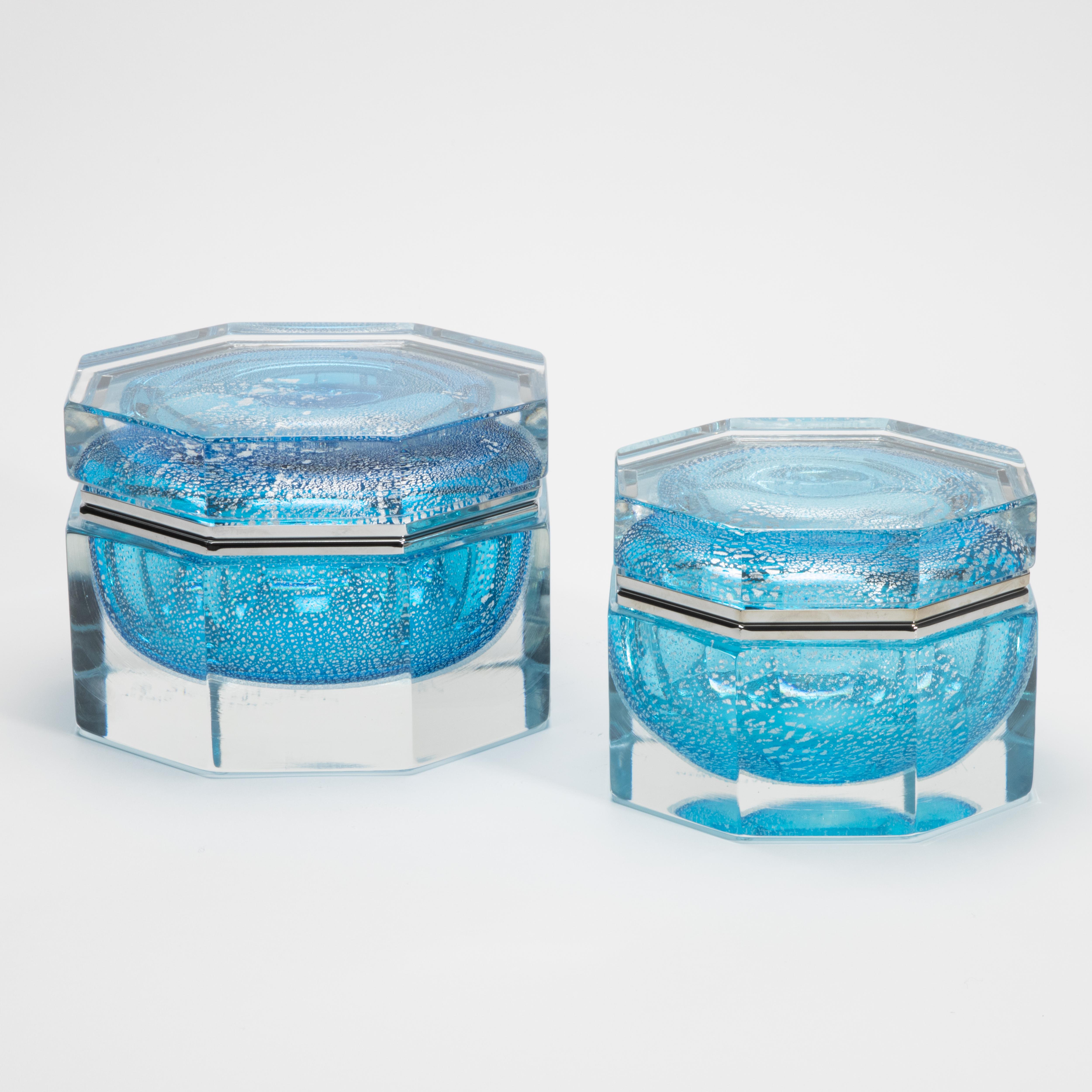 Hand-Crafted Hand-Blown Murano Box in Aqua Blue with Silver Flecks and Chrome Fittings For Sale