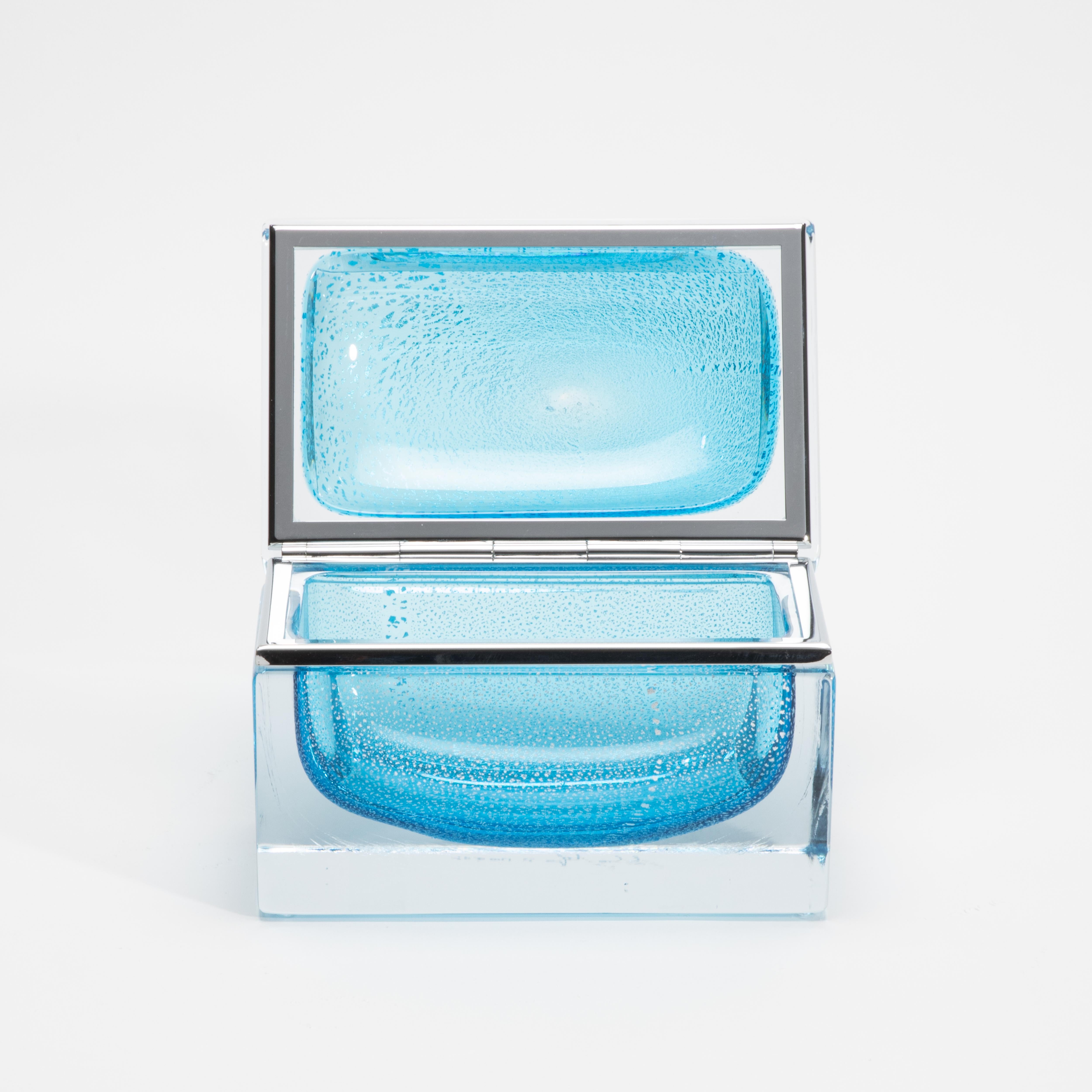 Hand-Blown Murano Box in Aqua Blue with Silver Flecks and Chrome Fittings In New Condition For Sale In West Hollywood, CA