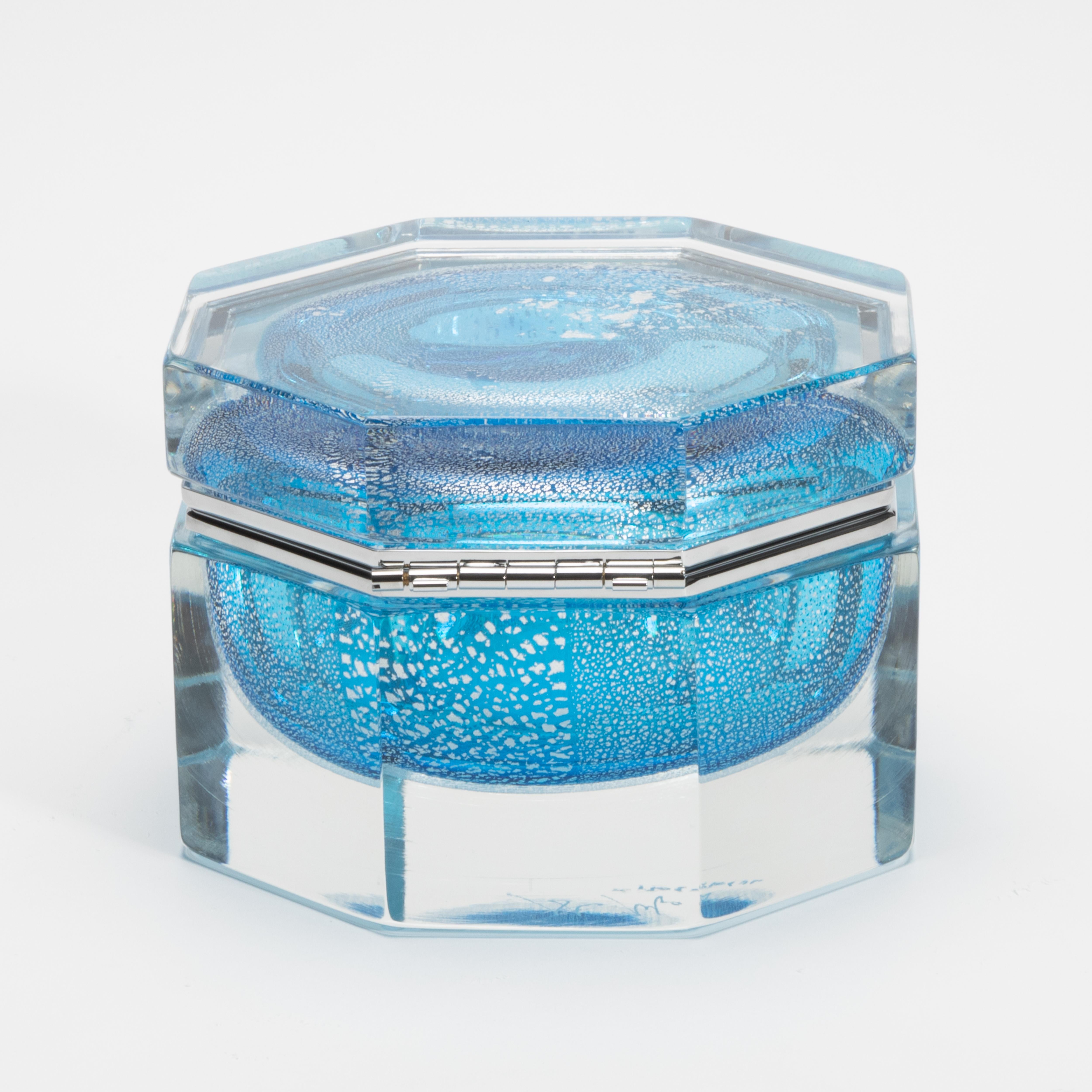Hand-Blown Murano Box in Aqua Blue with Silver Flecks and Chrome Fittings In New Condition For Sale In West Hollywood, CA