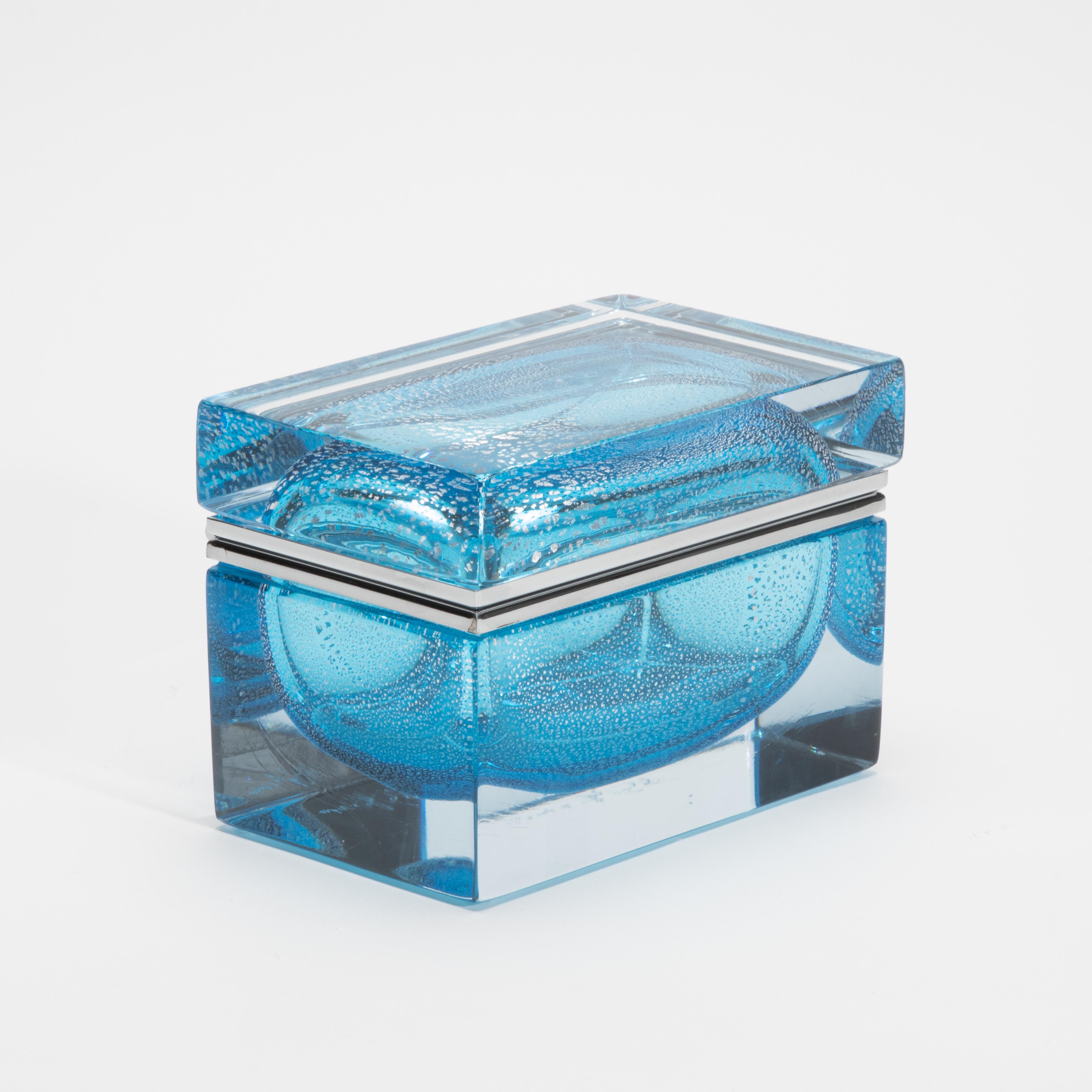 Contemporary Hand-Blown Murano Box in Aqua Blue with Silver Flecks and Chrome Fittings For Sale