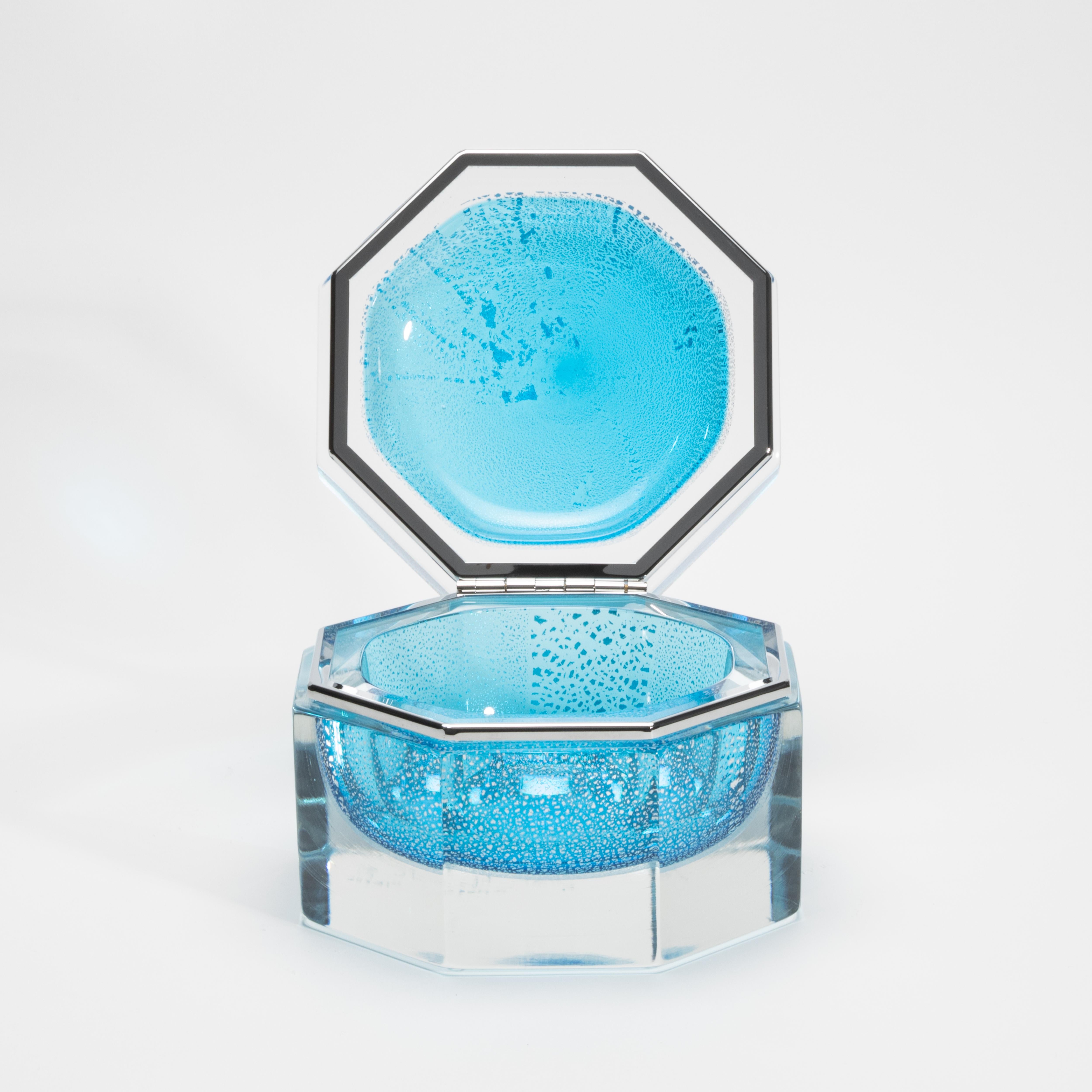 Contemporary Hand-Blown Murano Box in Aqua Blue with Silver Flecks and Chrome Fittings For Sale