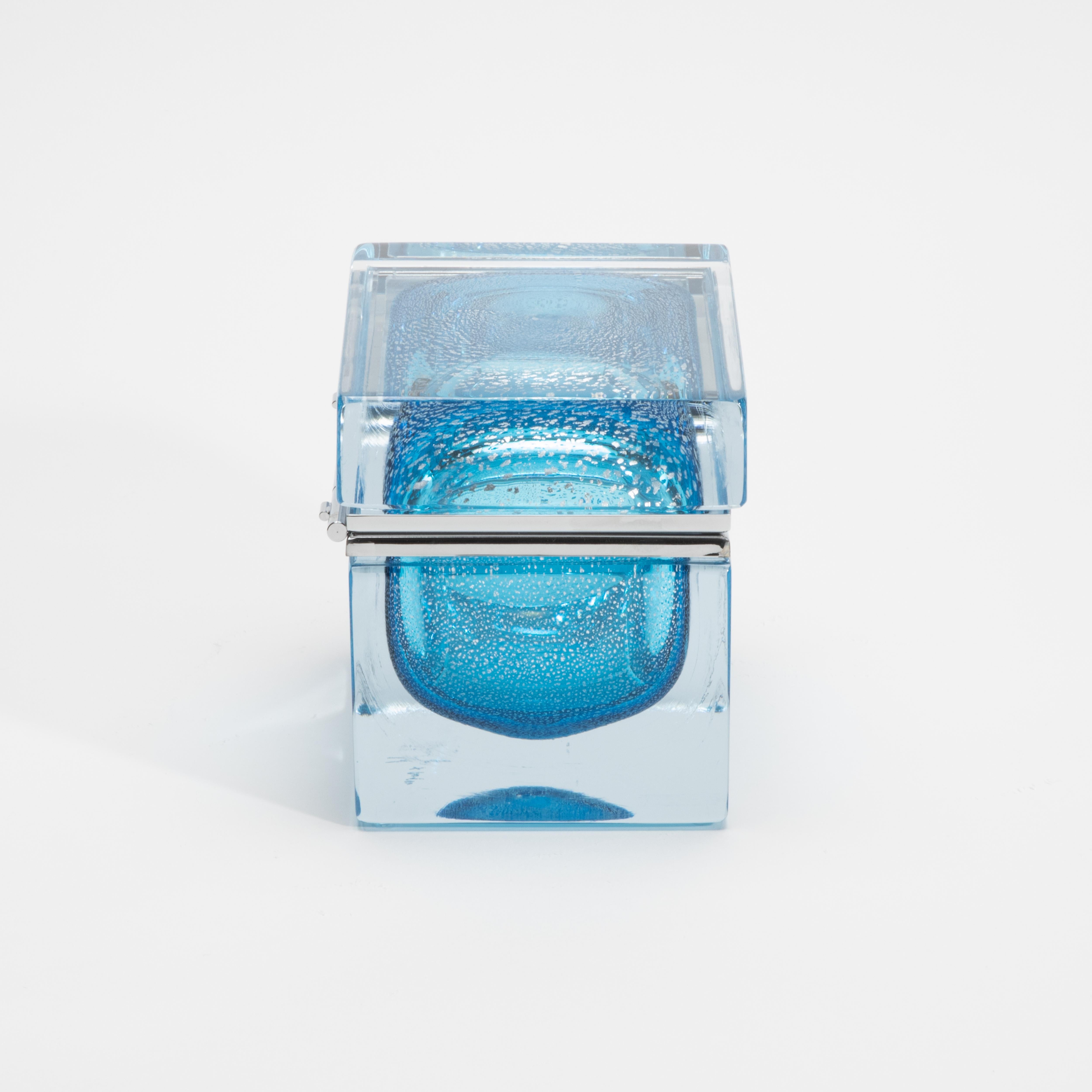 Murano Glass Hand-Blown Murano Box in Aqua Blue with Silver Flecks and Chrome Fittings For Sale