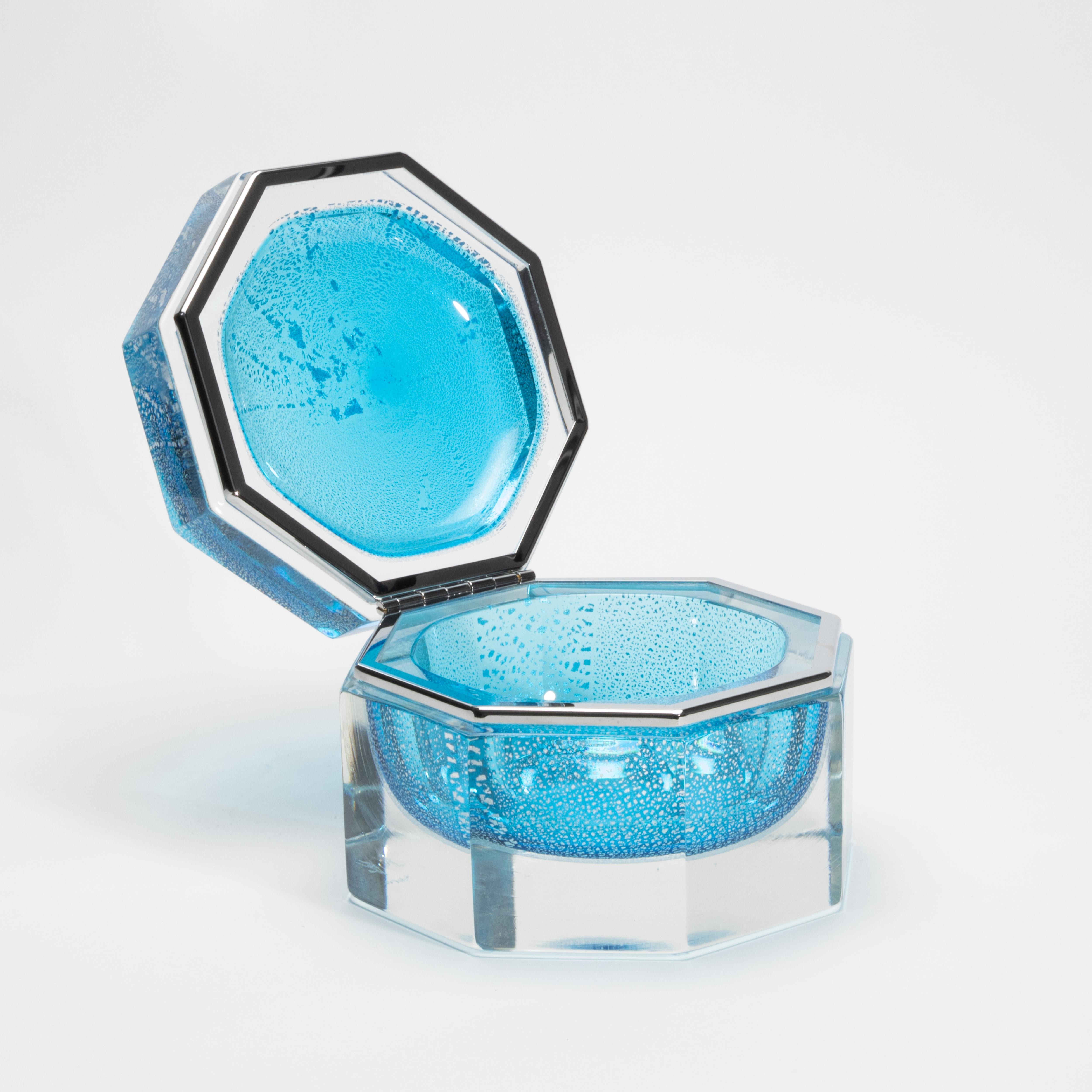 Murano Glass Hand-Blown Murano Box in Aqua Blue with Silver Flecks and Chrome Fittings For Sale