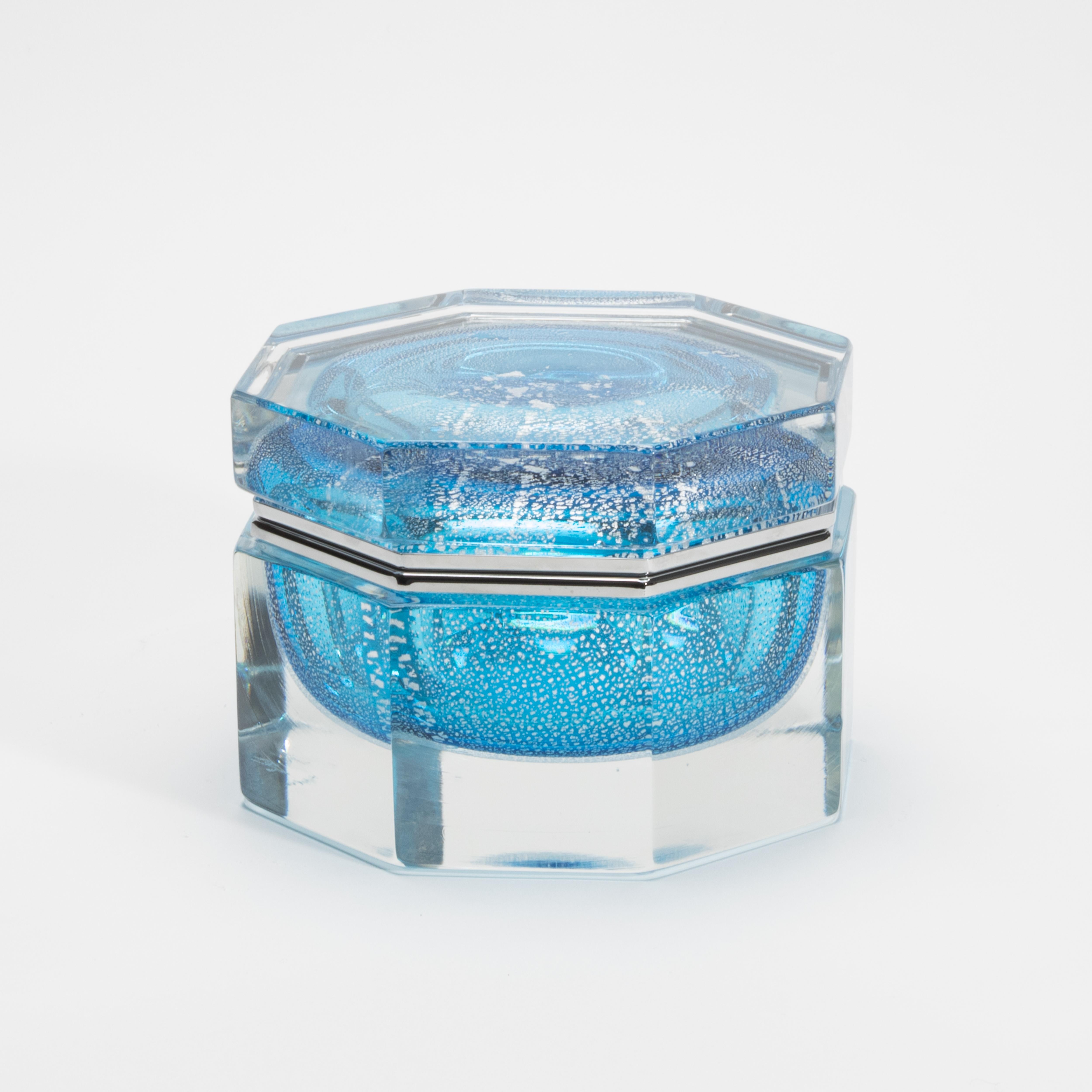 Hand-Blown Murano Box in Aqua Blue with Silver Flecks and Chrome Fittings For Sale 1