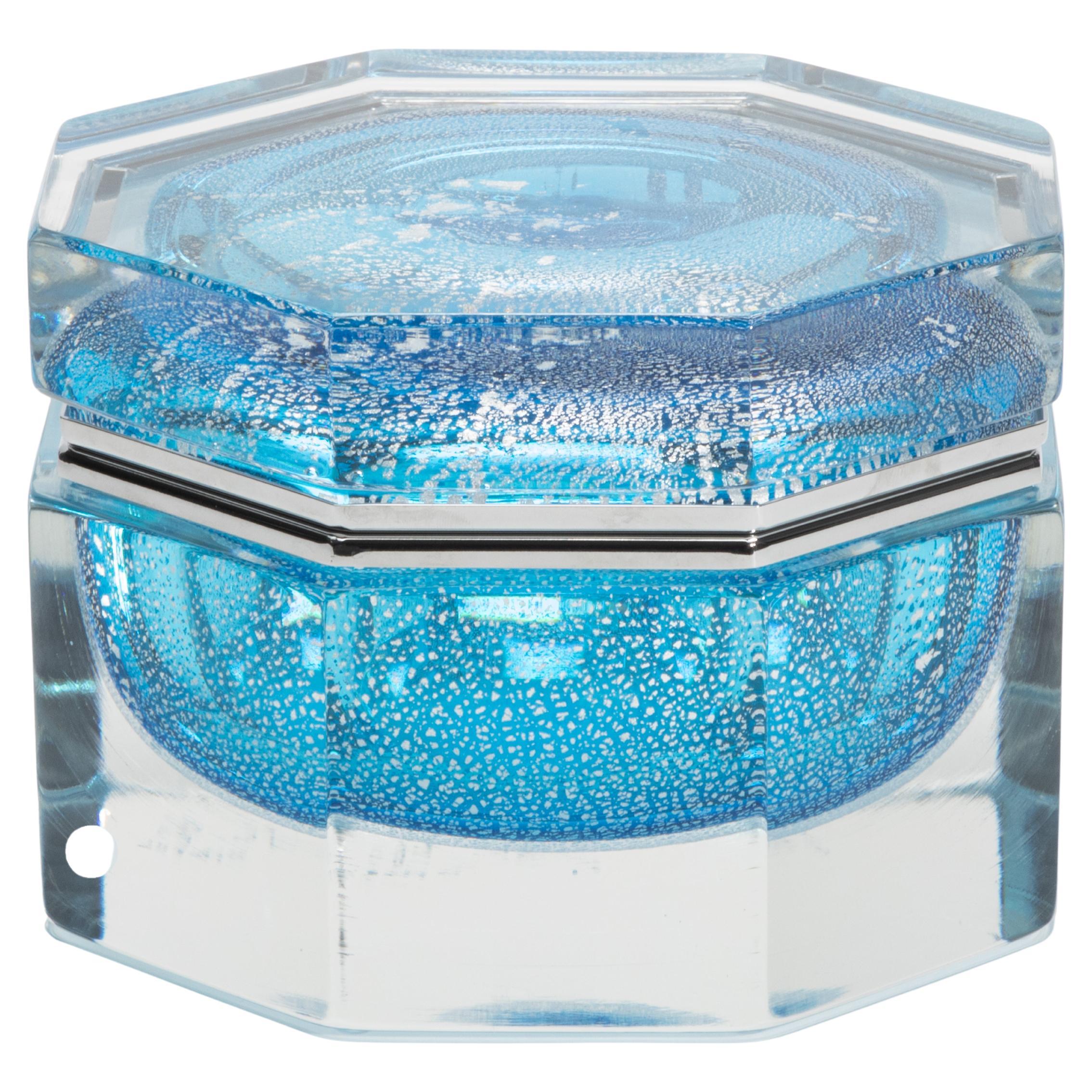 Hand-Blown Murano Box in Aqua Blue with Silver Flecks and Chrome Fittings For Sale