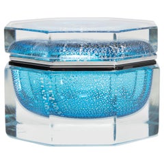 Hand-Blown Murano Box in Aqua Blue with Silver Flecks and Chrome Fittings