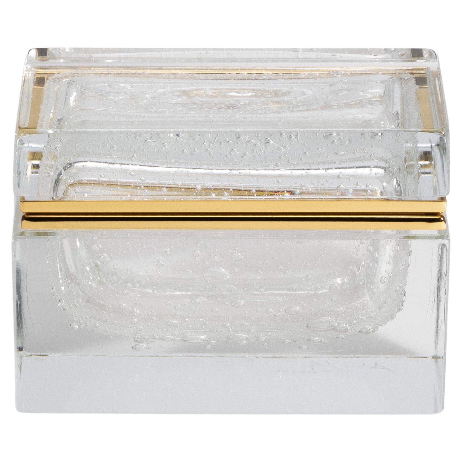 Caja de cristal de Murano soplado a mano con burbujas y herrajes de latón