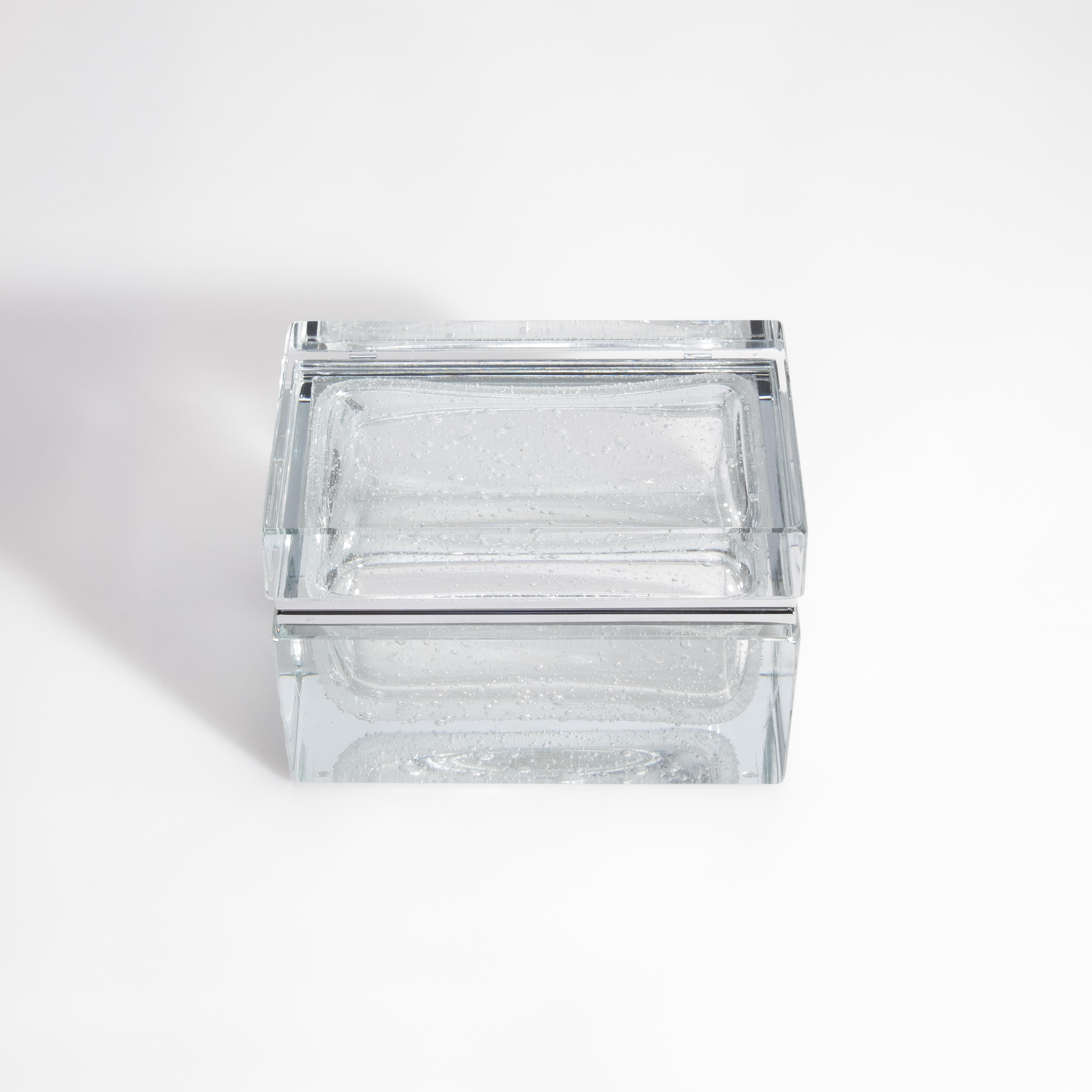 Hand Blown Murano Glass Box in Crystal with Bubbles and Chrome Fittings For Sale 3