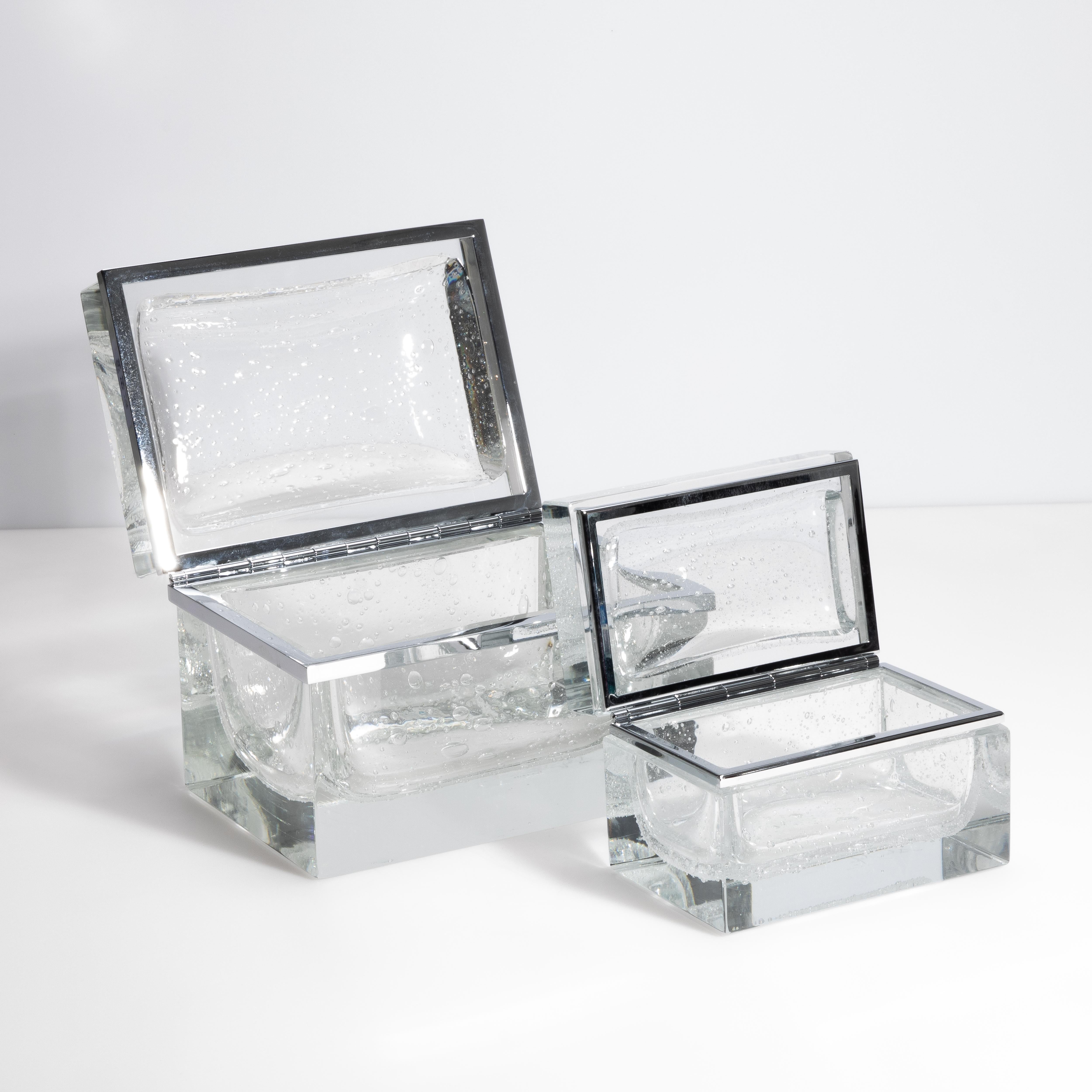 Hand Blown Murano Glass Box in Crystal with Bubbles and Chrome Fittings For Sale 6
