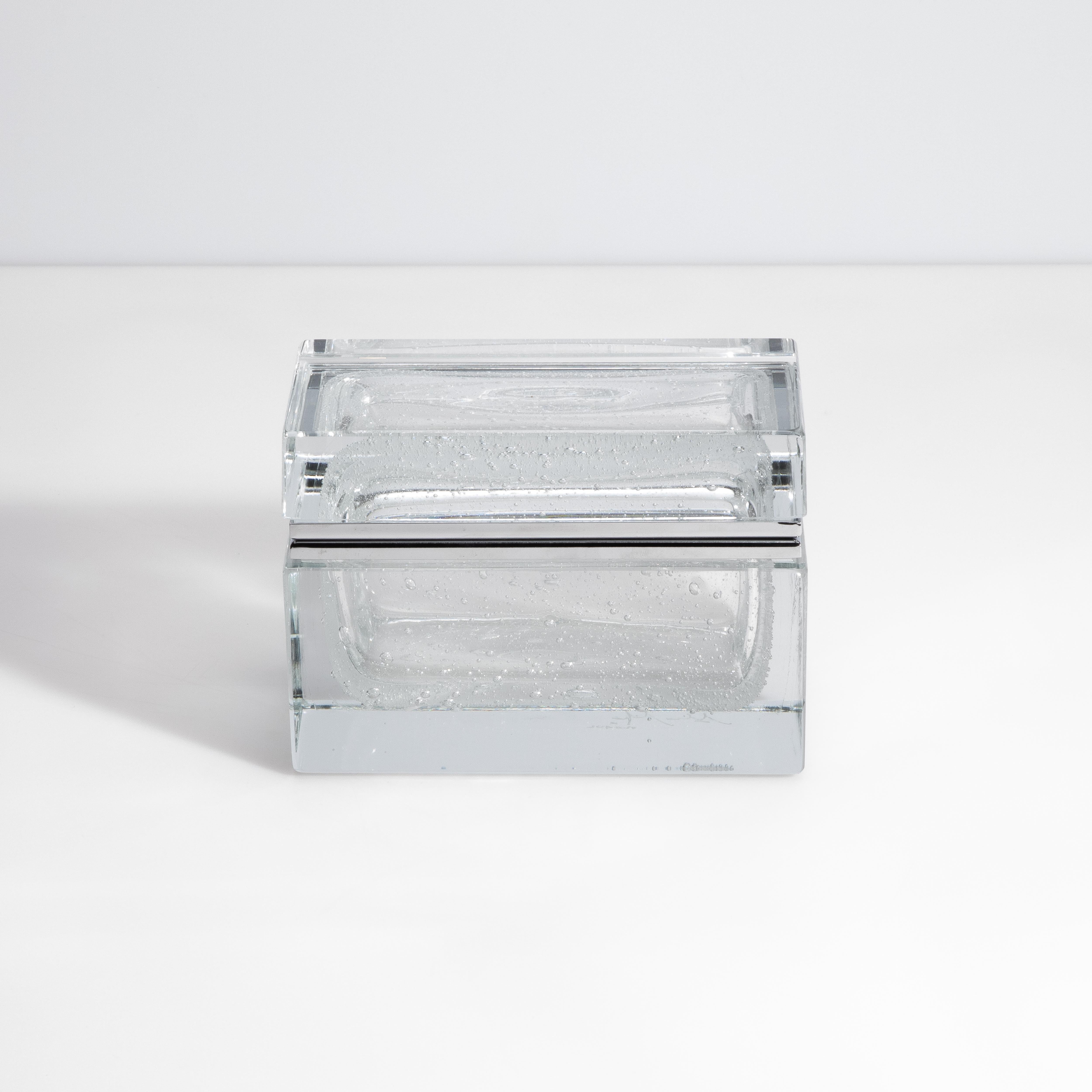 Modern Hand Blown Murano Glass Box in Crystal with Bubbles and Chrome Fittings For Sale