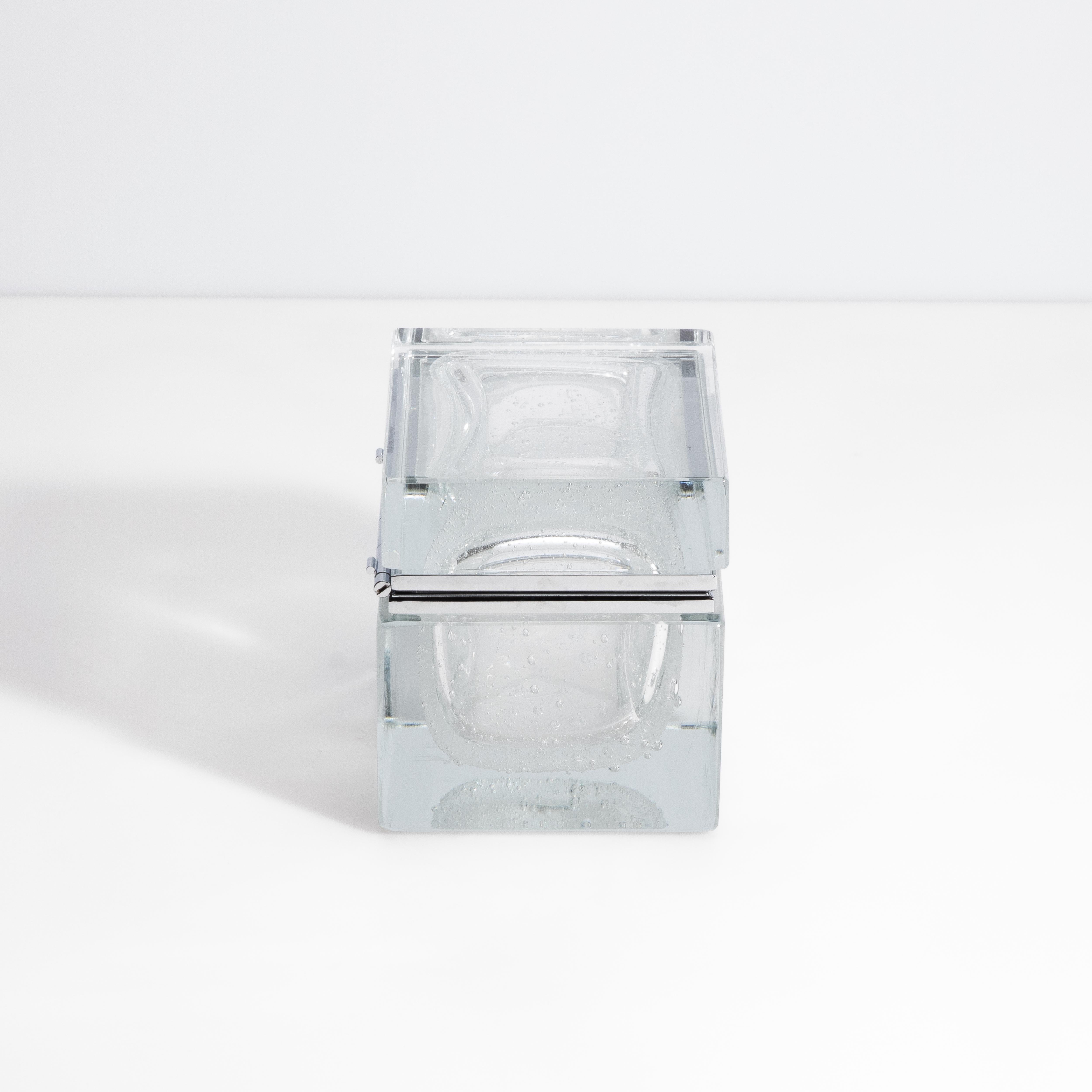 Italian Hand Blown Murano Glass Box in Crystal with Bubbles and Chrome Fittings For Sale
