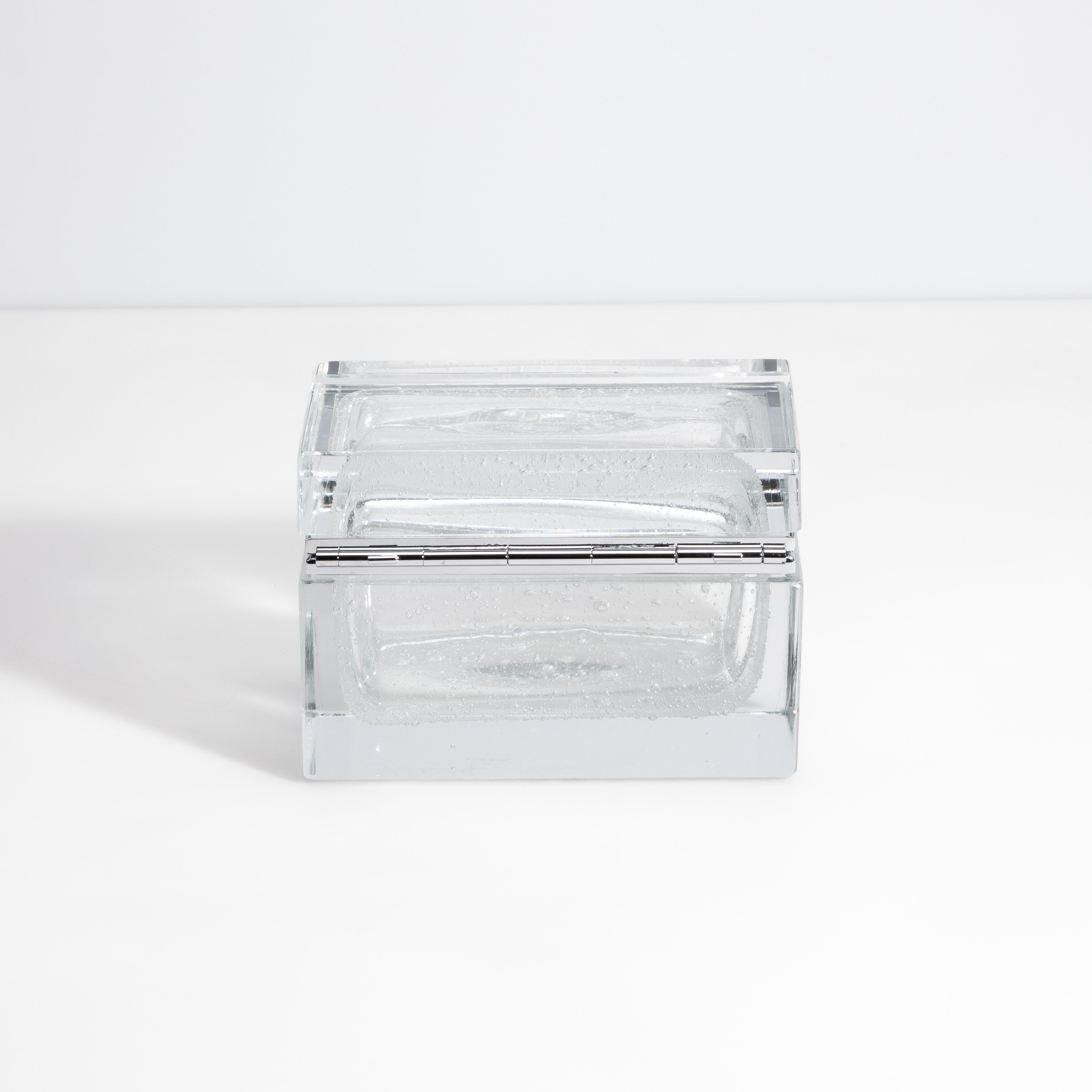 Hand-Crafted Hand Blown Murano Glass Box in Crystal with Bubbles and Chrome Fittings For Sale