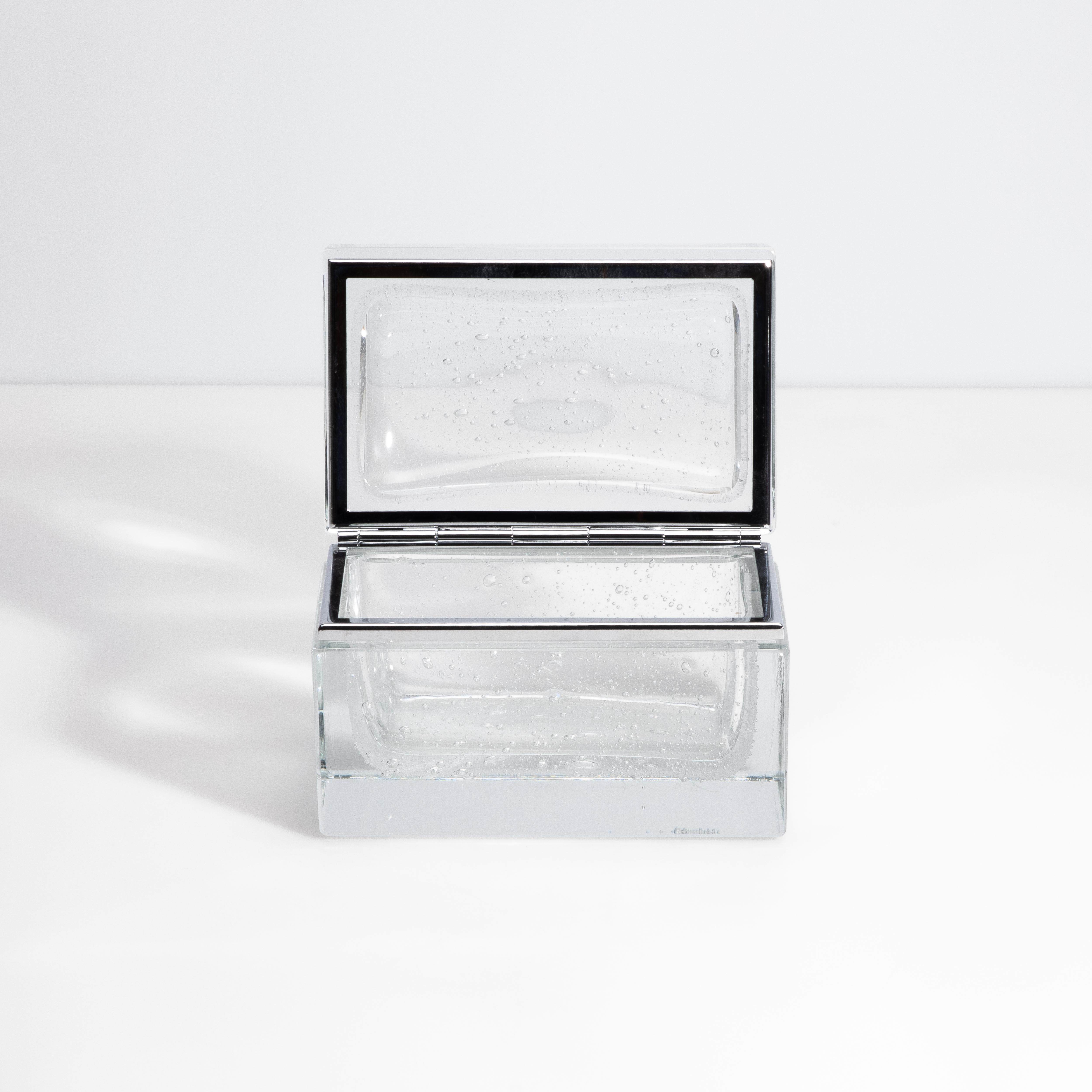 Hand Blown Murano Glass Box in Crystal with Bubbles and Chrome Fittings In New Condition For Sale In West Hollywood, CA