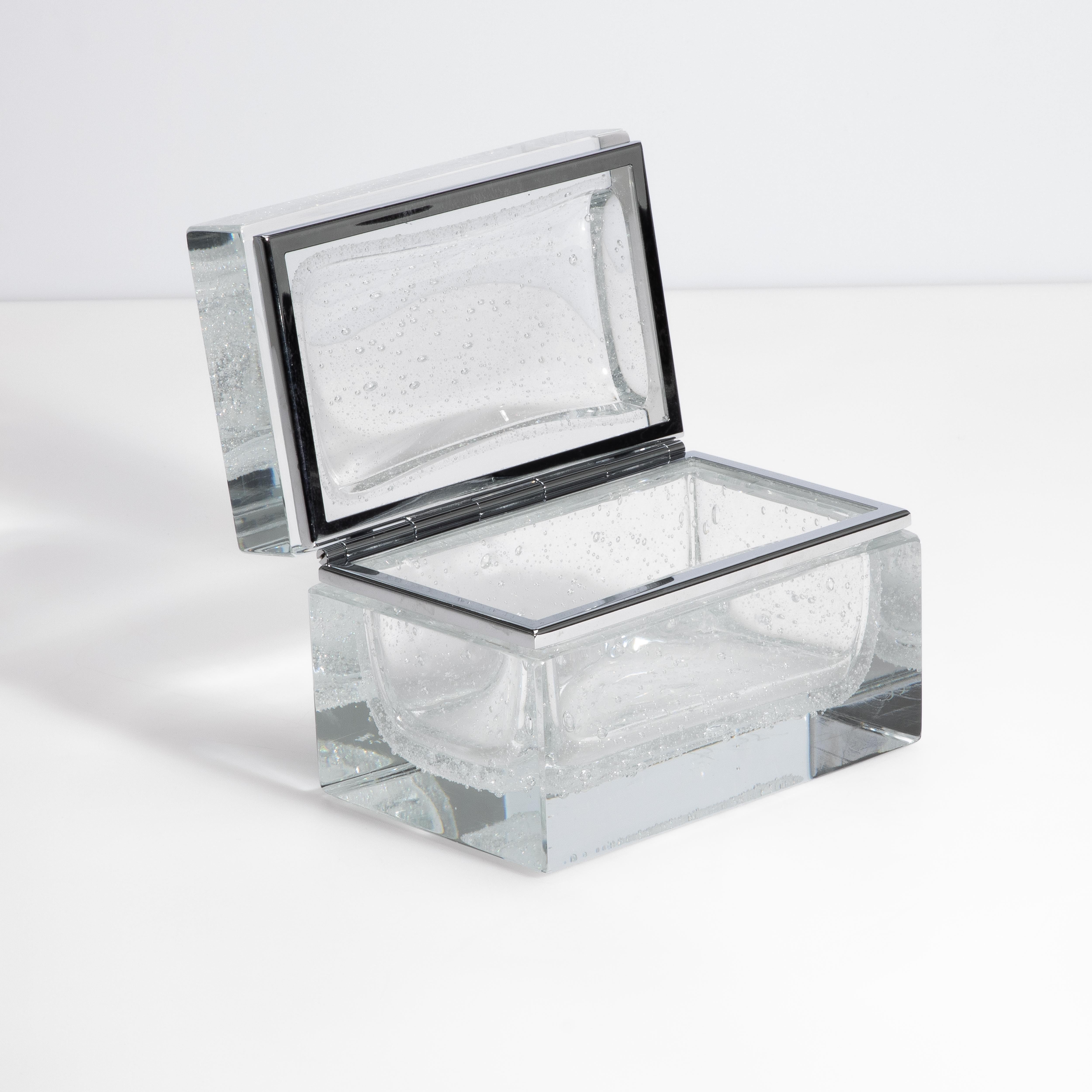 Contemporary Hand Blown Murano Glass Box in Crystal with Bubbles and Chrome Fittings For Sale