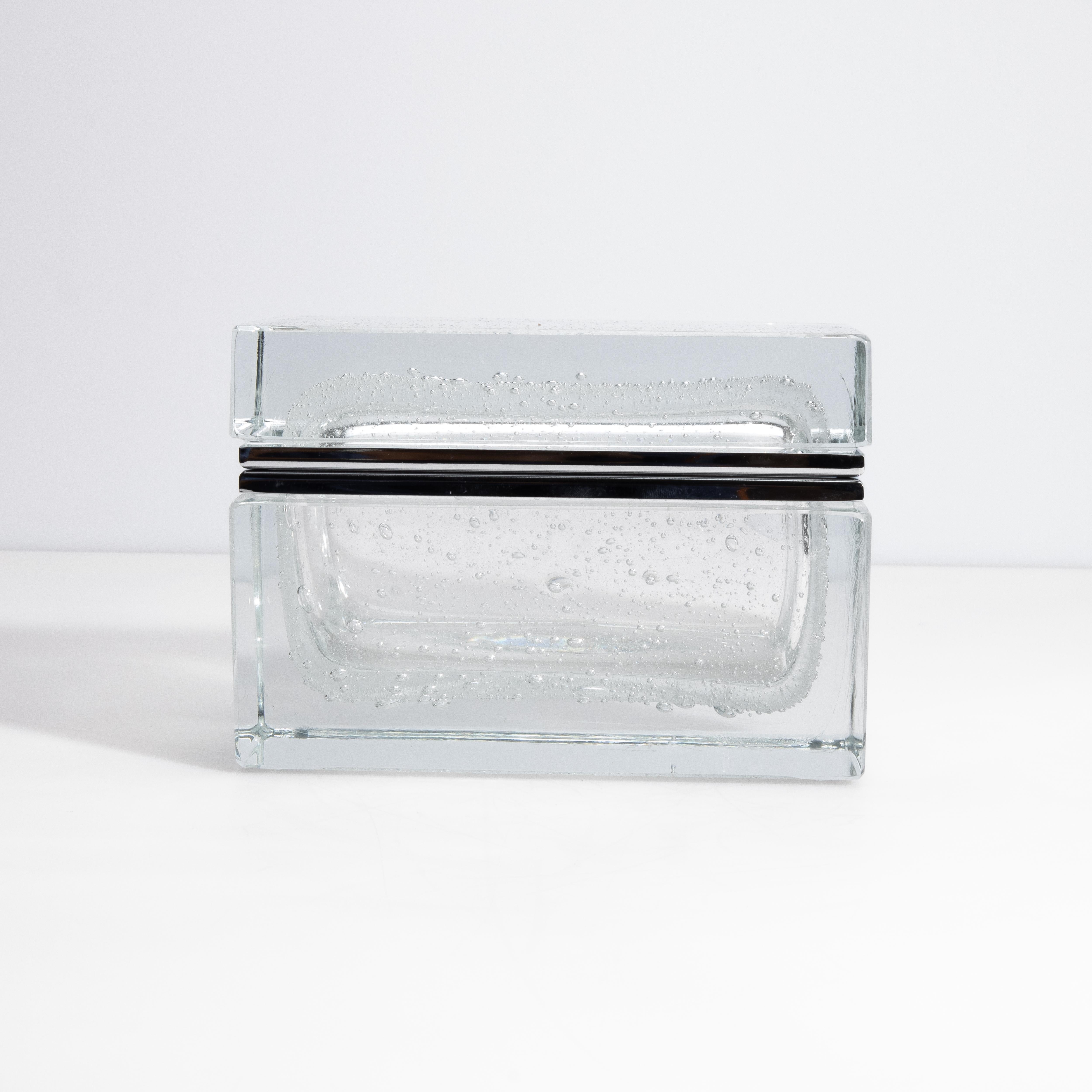 Hand Blown Murano Glass Box in Crystal with Bubbles and Chrome Fittings For Sale 1
