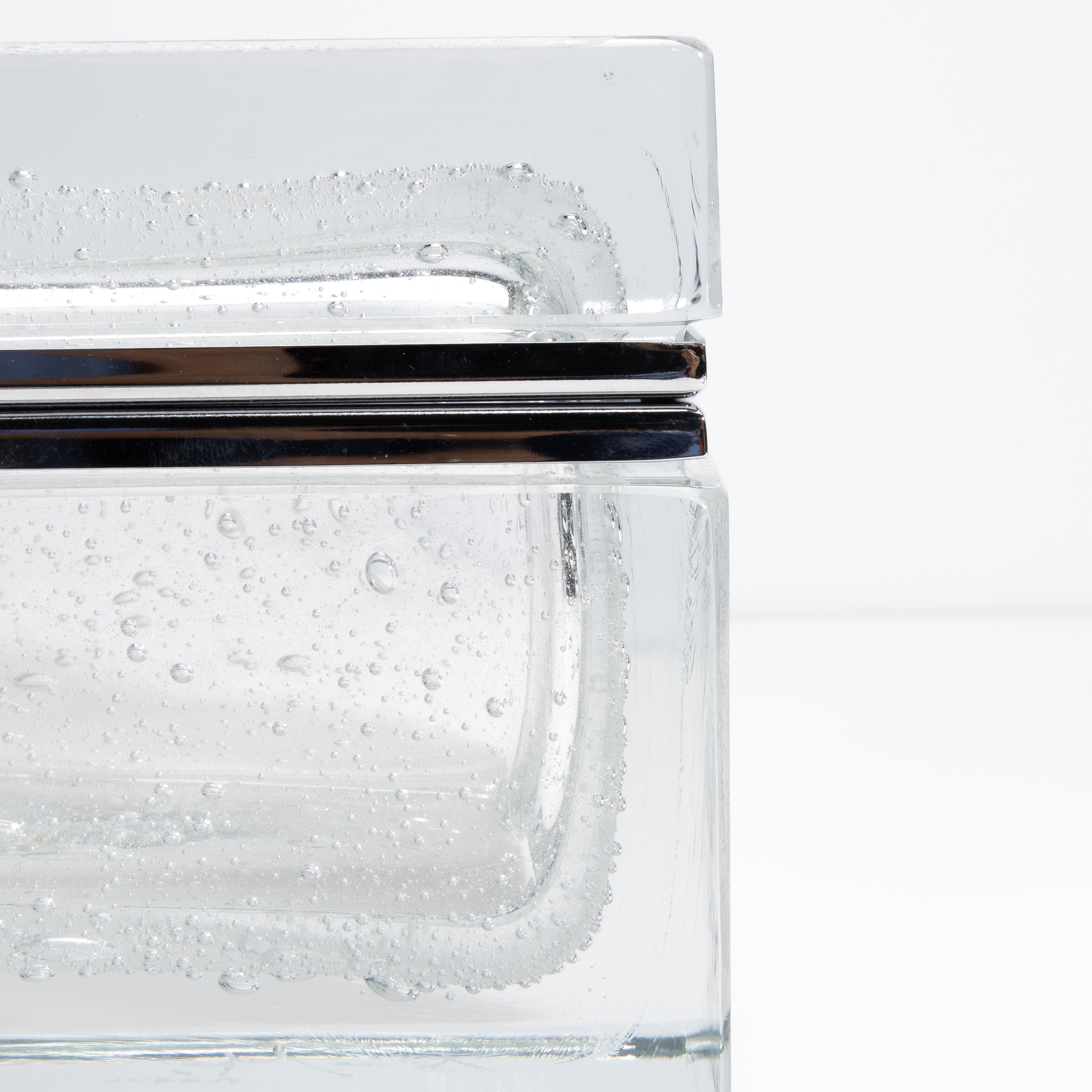 Hand Blown Murano Glass Box in Crystal with Bubbles and Chrome Fittings For Sale 2