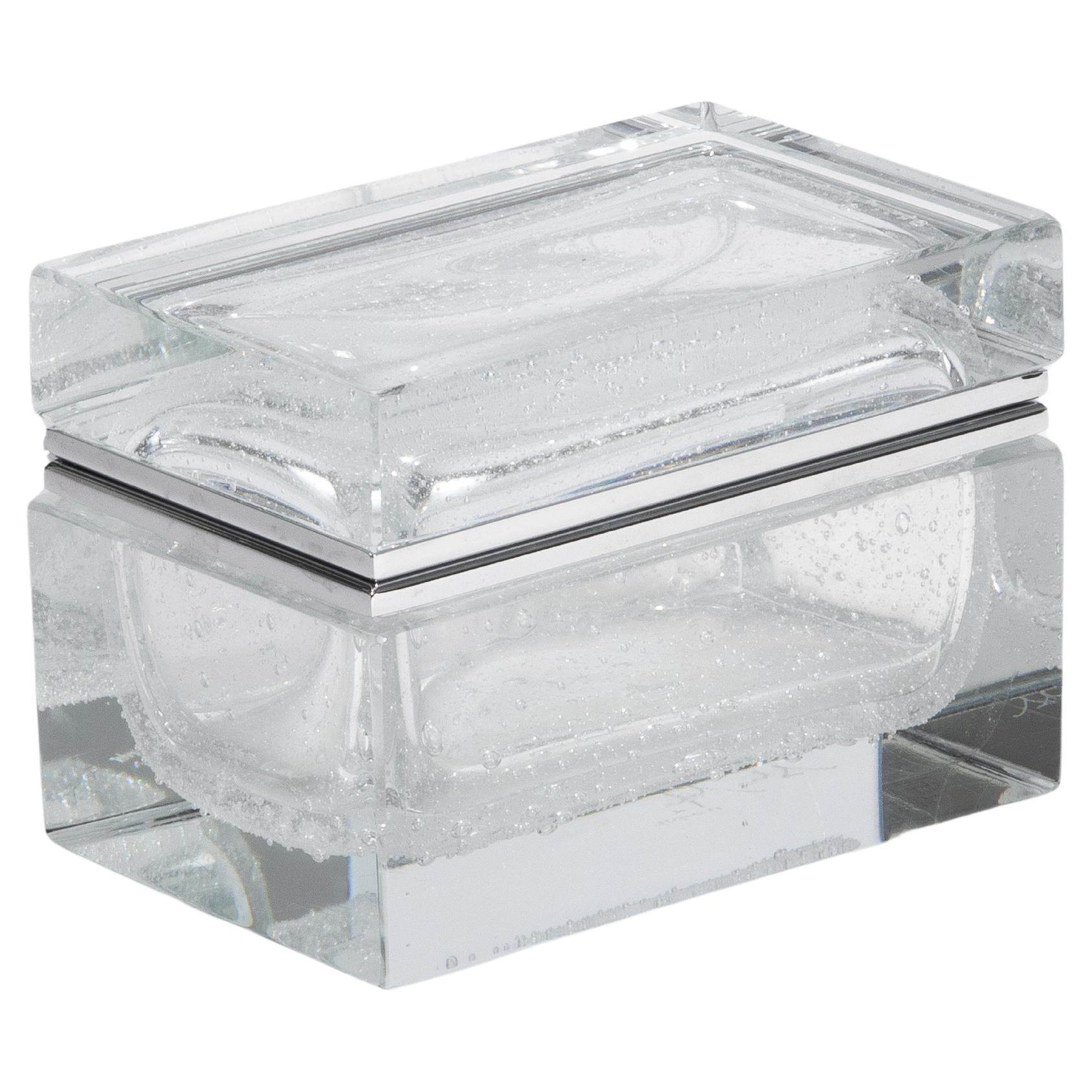 Caja de cristal de Murano soplado a mano con burbujas y herrajes cromados