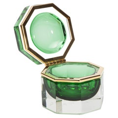 Hand-Blown Murano Box in Emerald Green with Brass Fittings