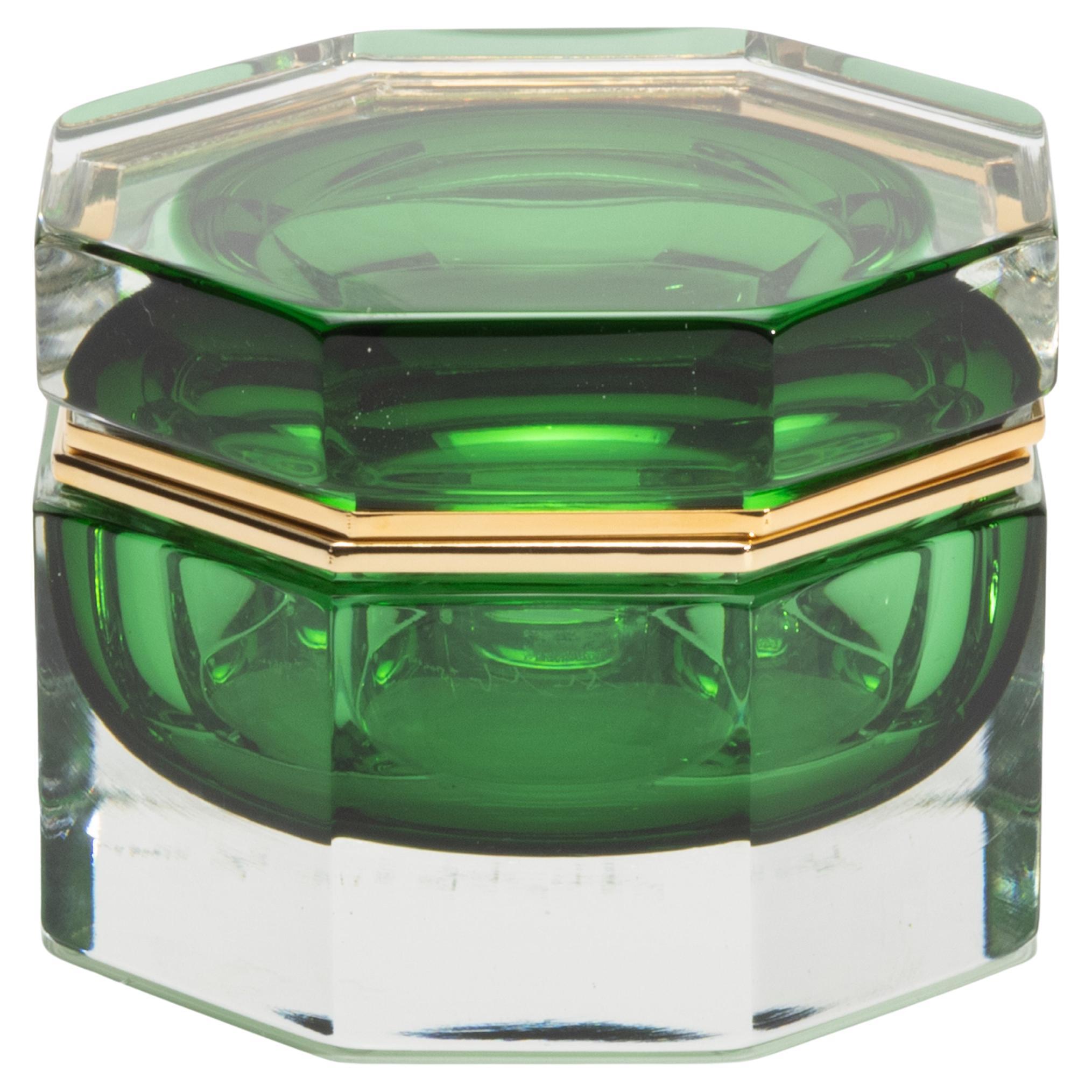 Hand-Blown Murano Box in Emerald Green with Brass Fittings