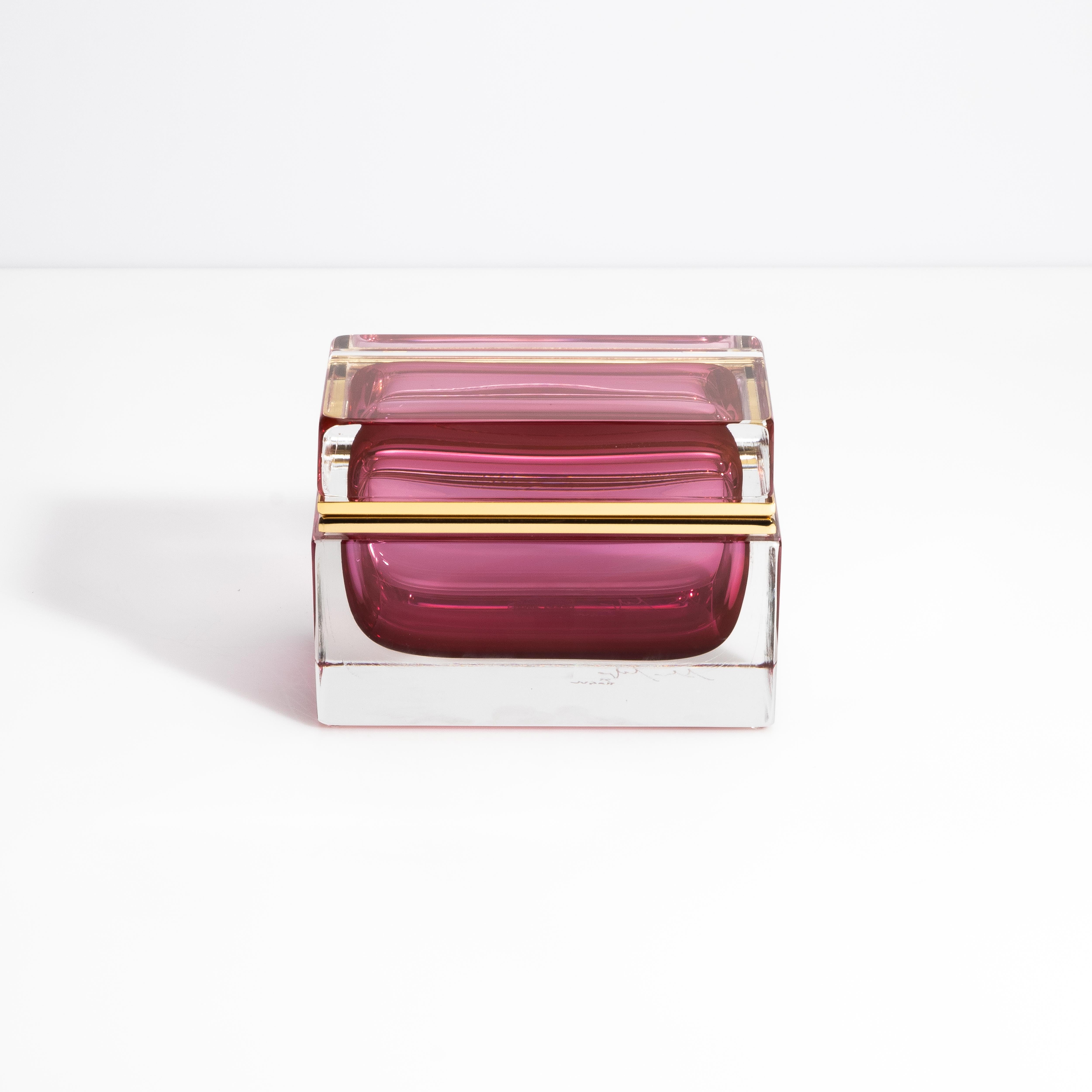 Modern Hand Blown Murano Glass Box in Ruby with Brass Fittings