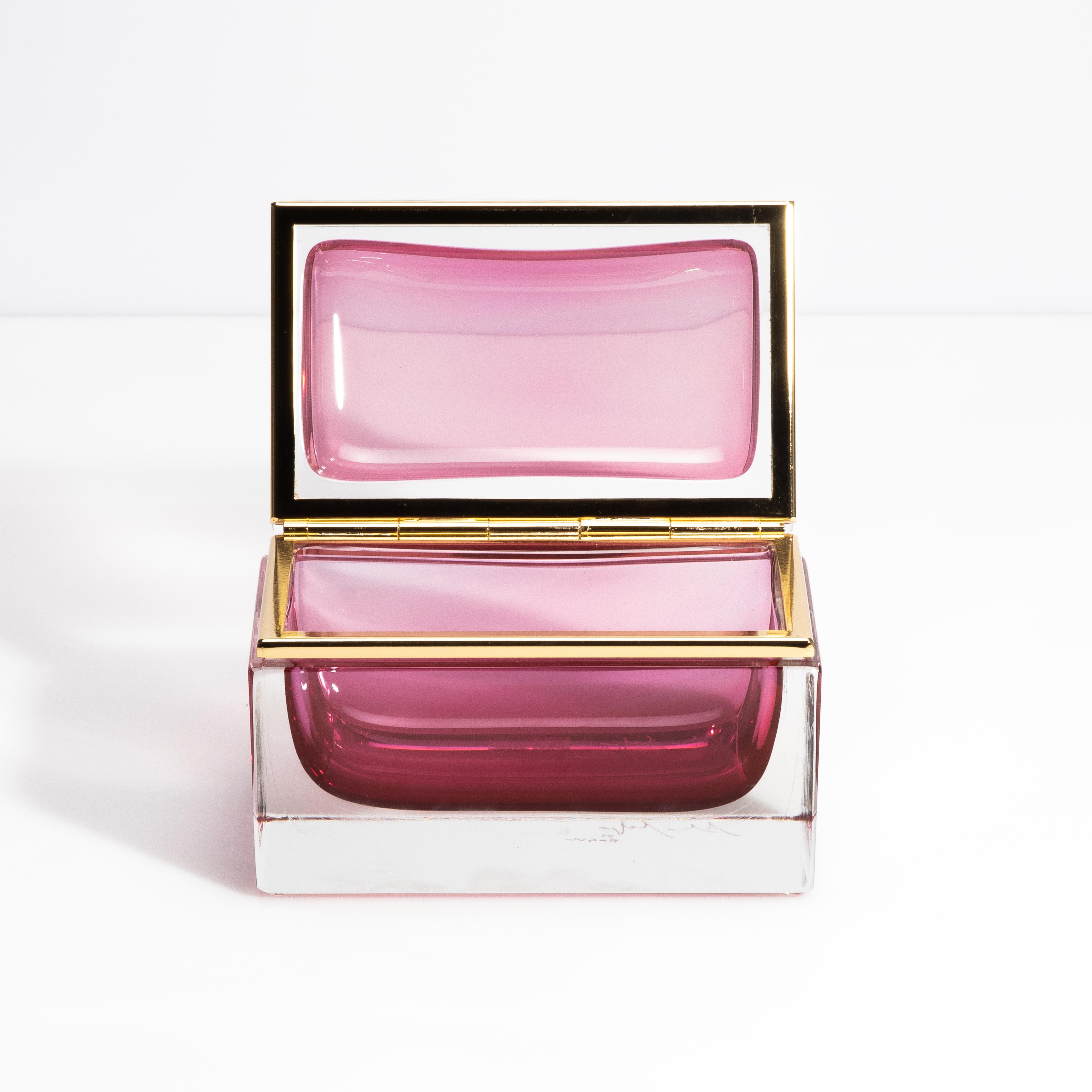 Italian Hand Blown Murano Glass Box in Ruby with Brass Fittings