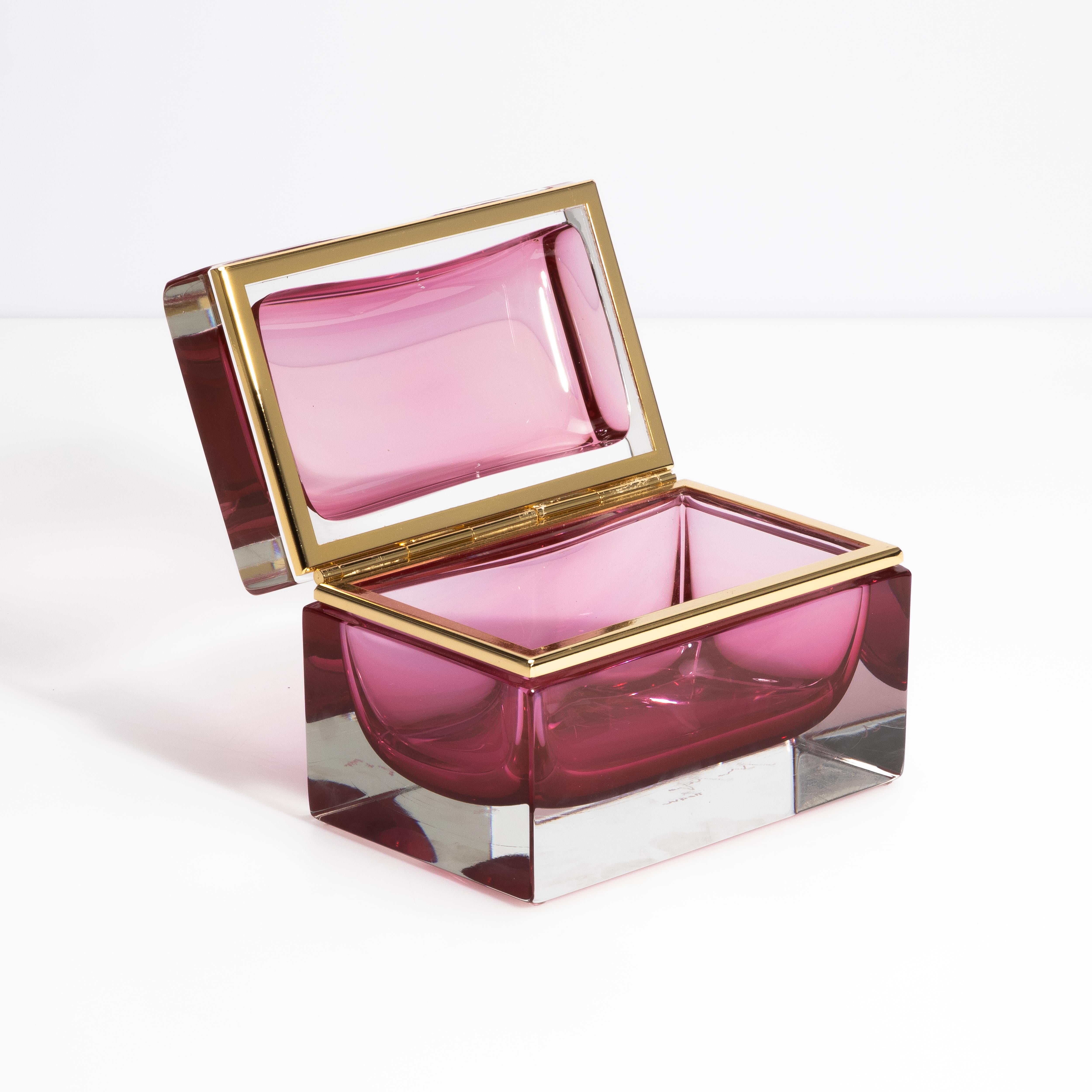 Hand-Crafted Hand Blown Murano Glass Box in Ruby with Brass Fittings