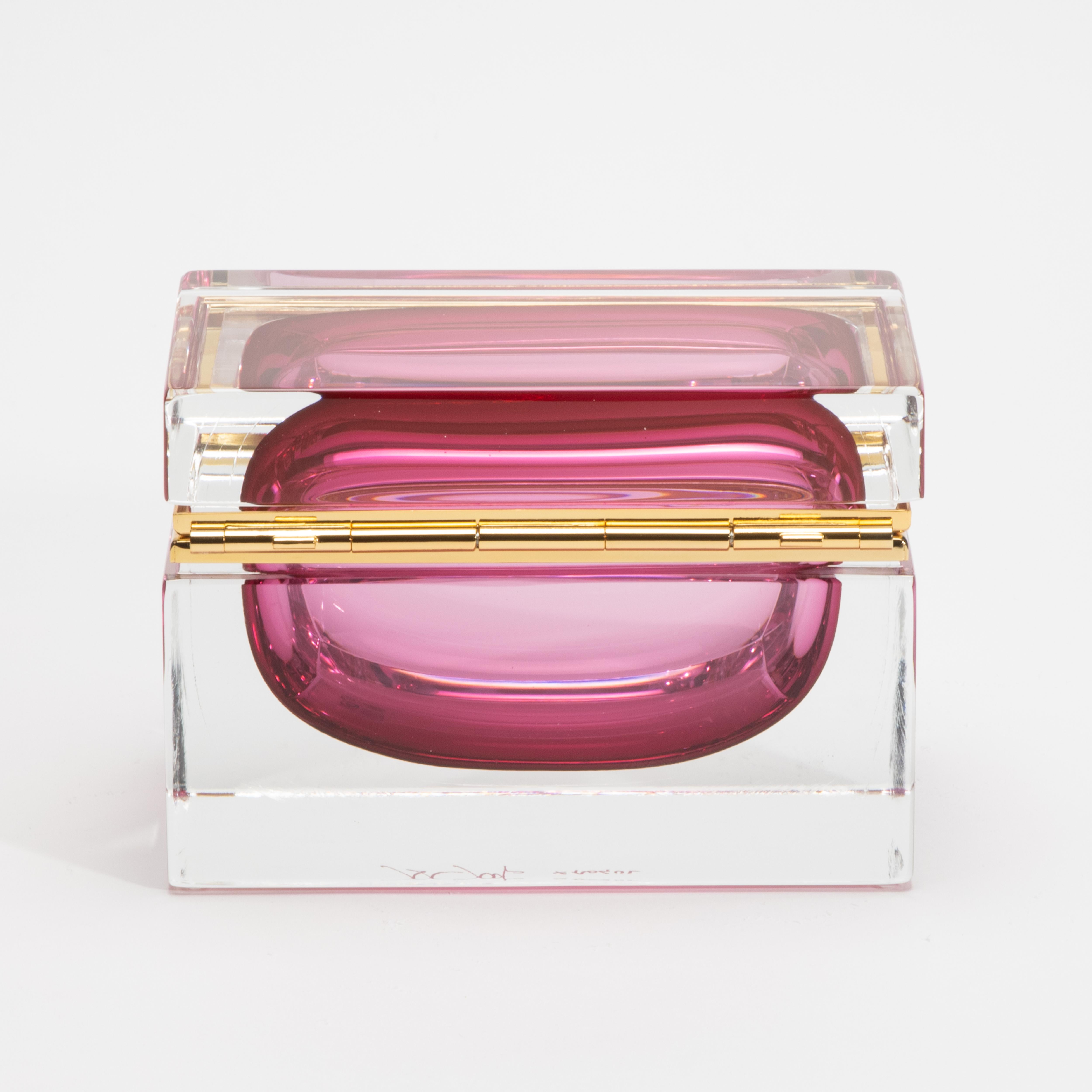 Contemporary Hand-Blown Murano Box in Ruby with Brass Fittings For Sale