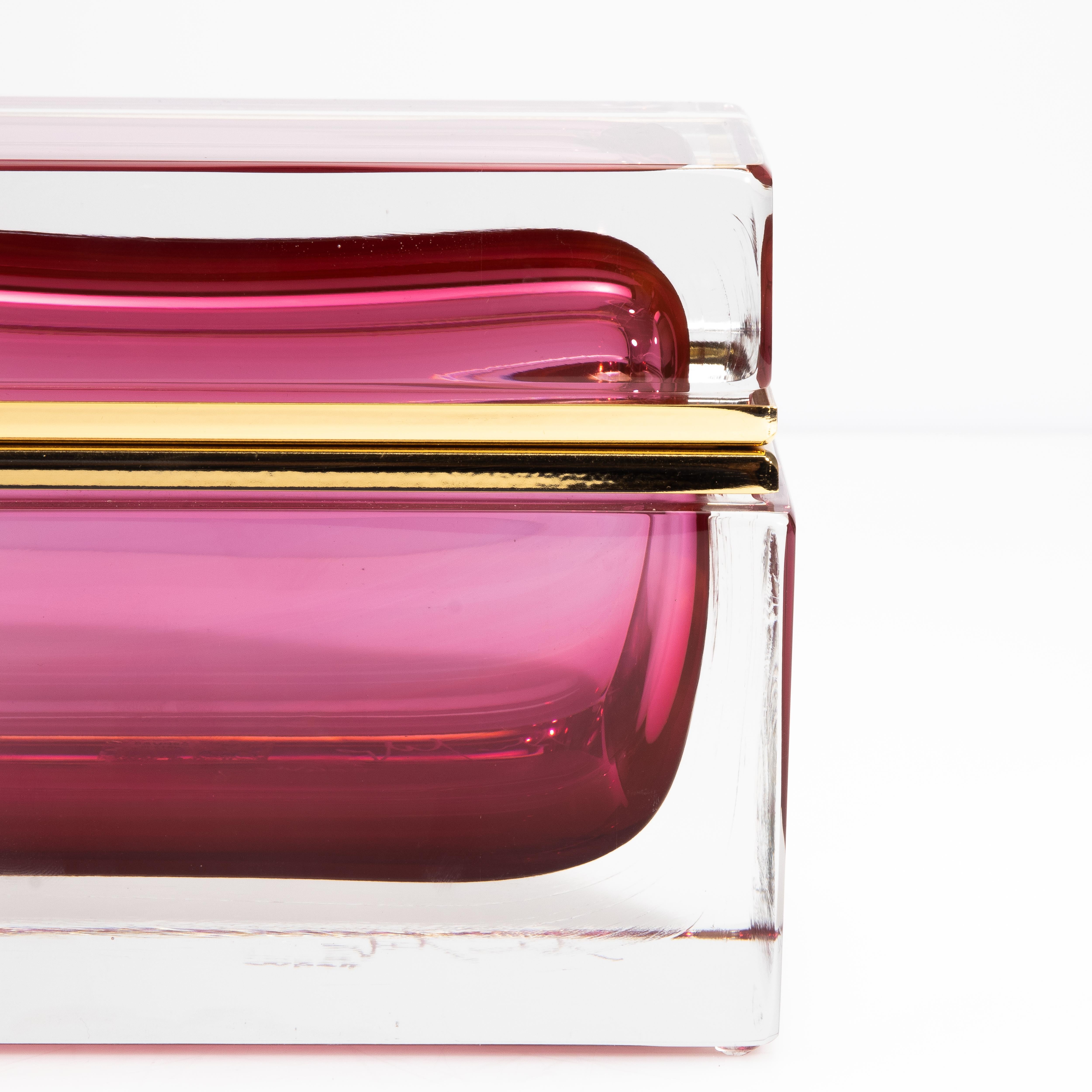 Contemporary Hand Blown Murano Glass Box in Ruby with Brass Fittings