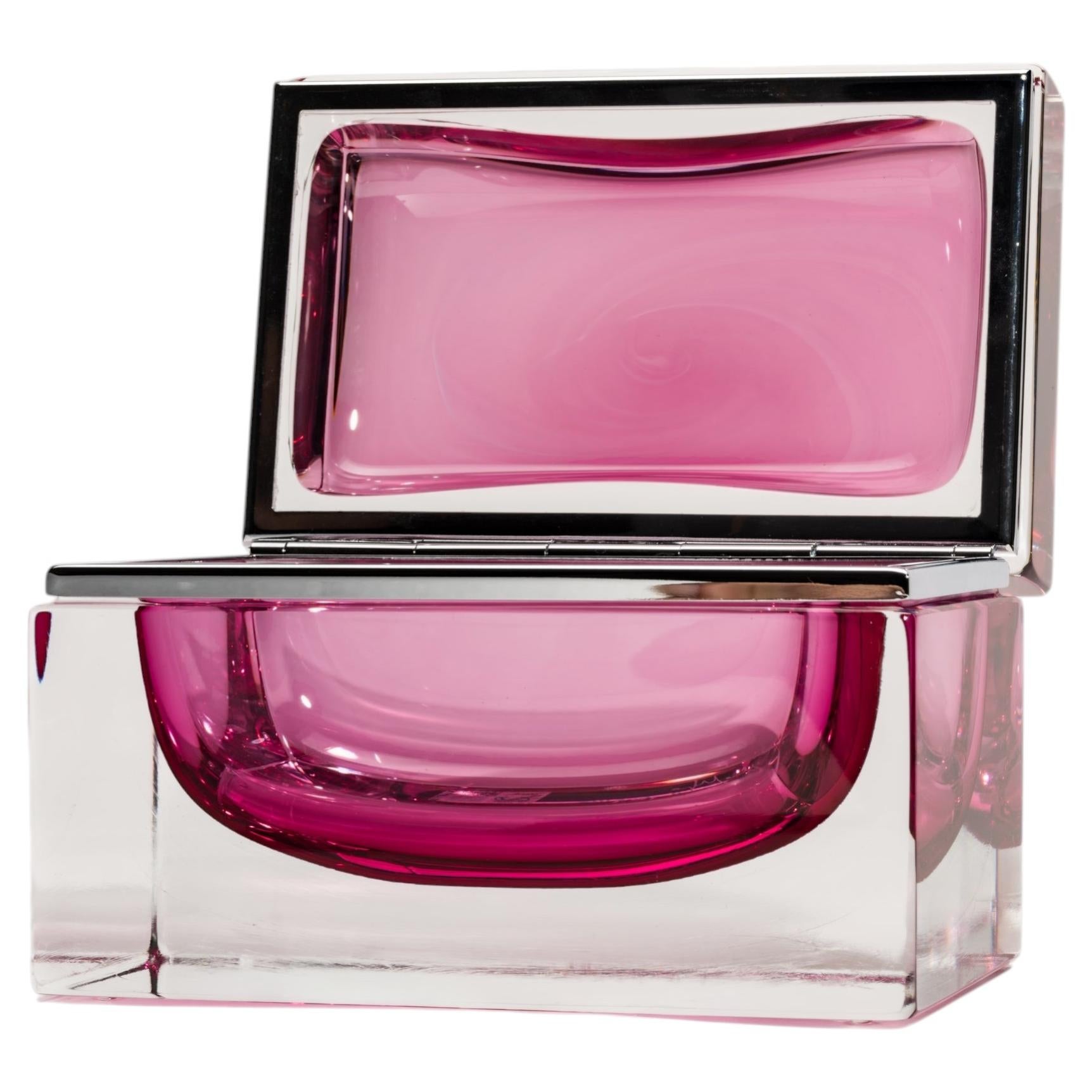 Hand-Blown Murano Box in Ruby with Chrome Fittings For Sale