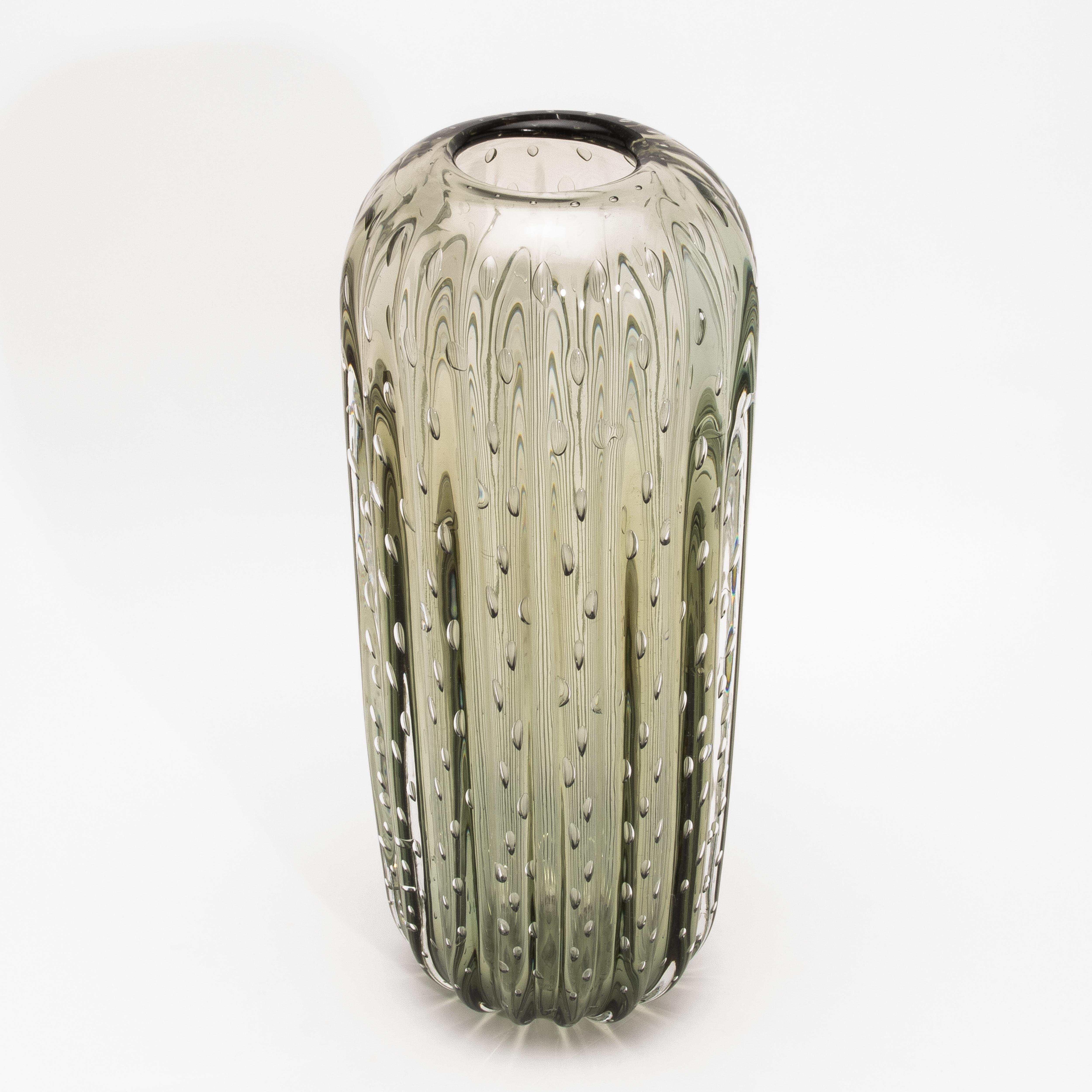 Italian Hand-Blown Murano Cactus Vase in Fern Green with Bubbles Large For Sale
