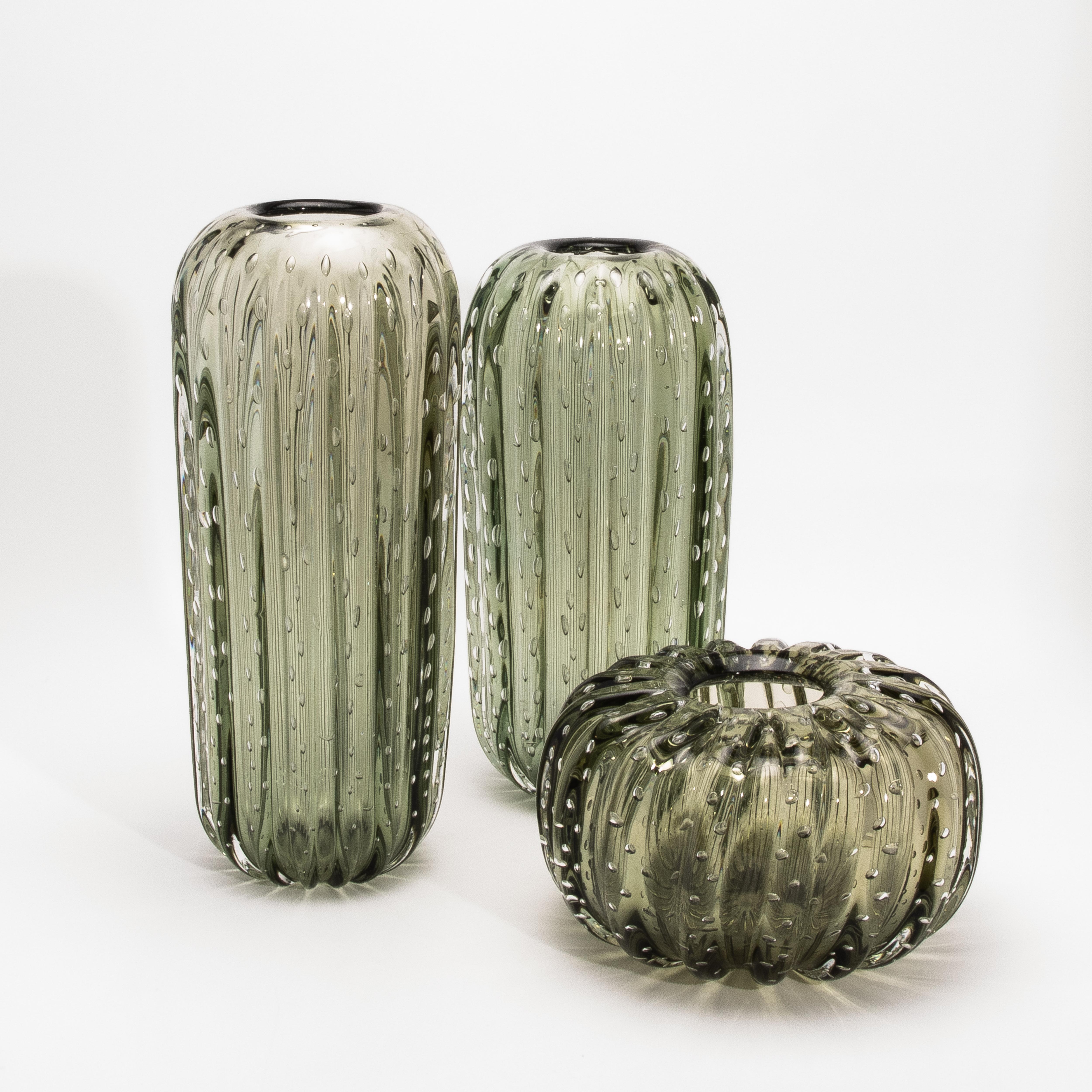 Murano Glass Hand-Blown Murano Cactus Vase in Fern Green with Bubbles Large For Sale