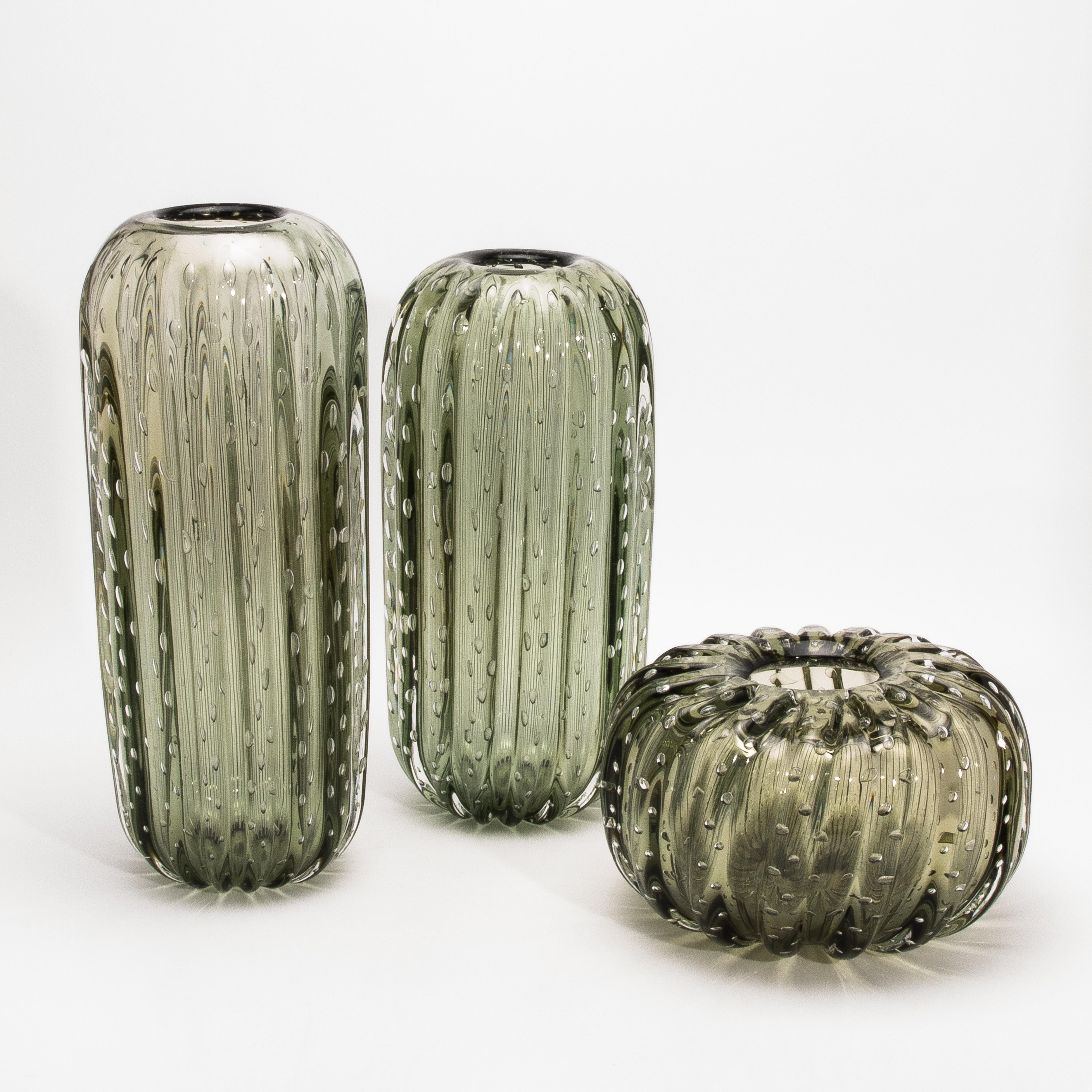Hand-Blown Murano Cactus Vase in Fern Green with Bubbles Large For Sale 1