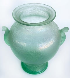 Hand-blown Murano Celadon Venetian Scavo Glass Urn Vase, 2 Handles