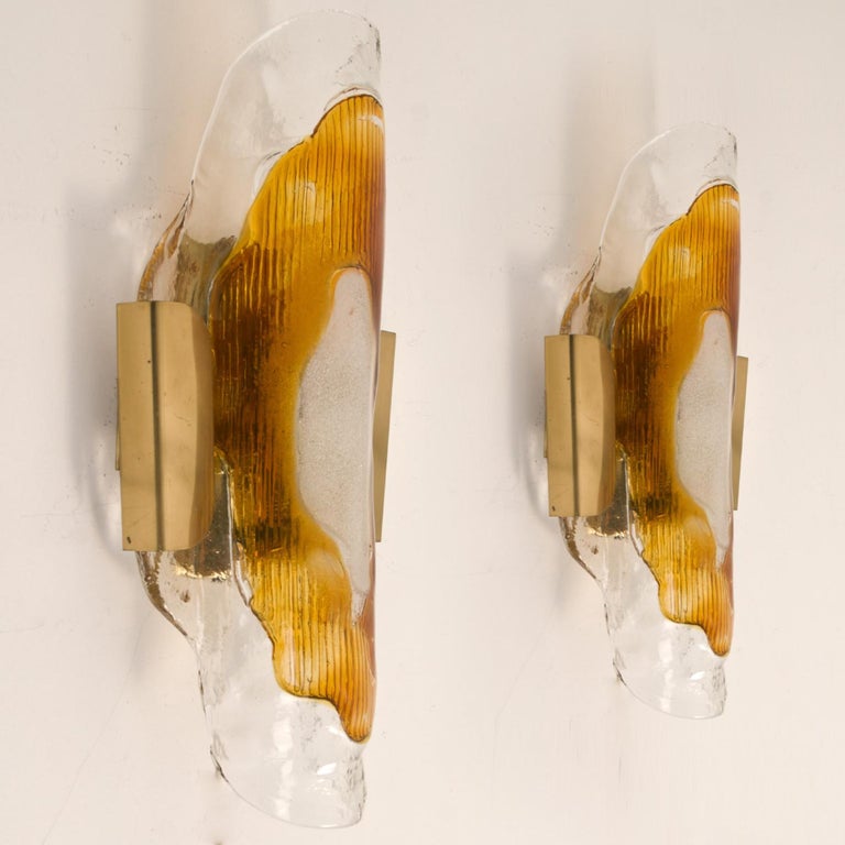 Hand Blown Murano Clear and Orange Glass Wall Lights, 1970s For Sale at