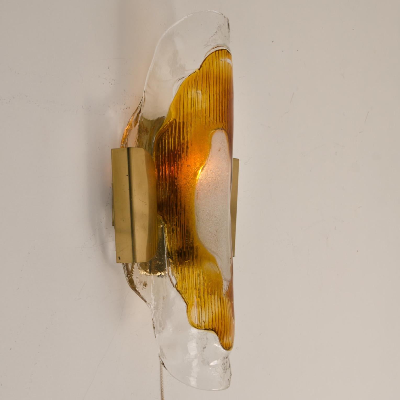 20th Century Hand Blown Murano Clear and Orange Glass Wall Lights, 1970s For Sale