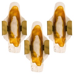 Hand Blown Murano Clear and Orange Glass Wall Lights, 1970s