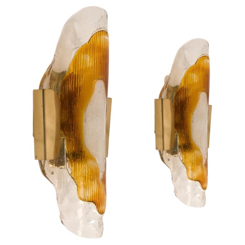 Hand Blown Murano Clear and Orange Glass Wall Lights, 1970s For Sale