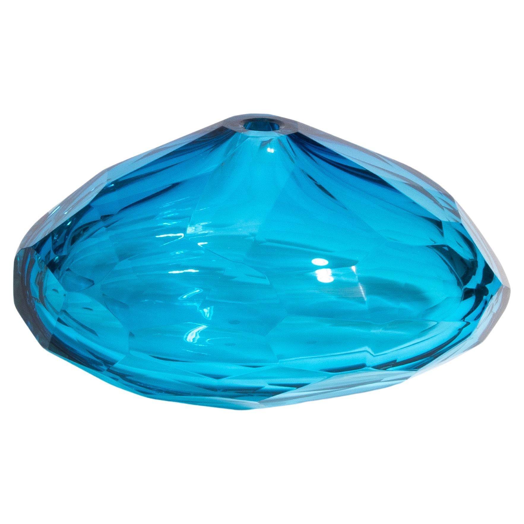 Hand Blown Murano Diamond Vase in Aqua Blue
