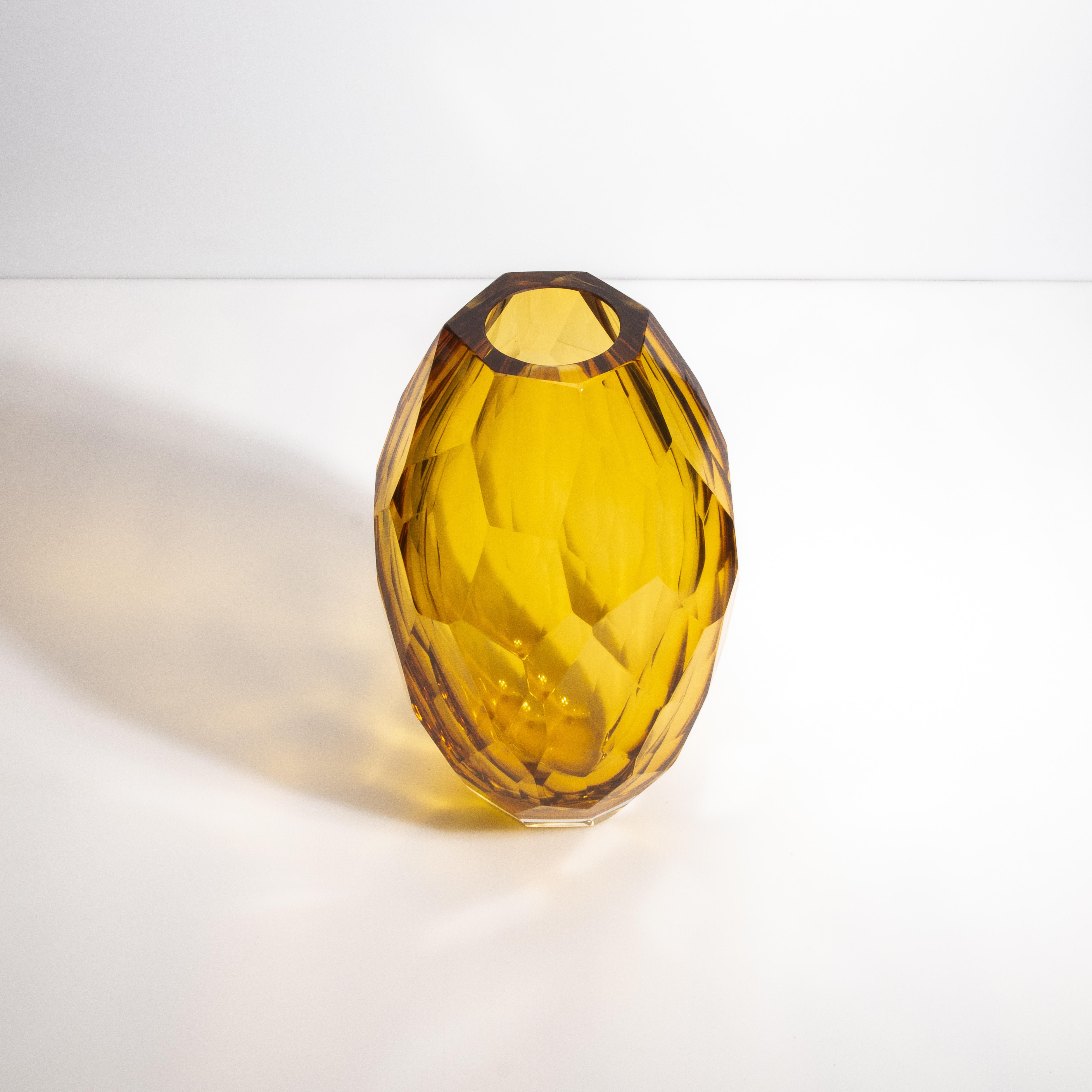 Modern Hand Blown Murano Facet Vase in Amber Large For Sale
