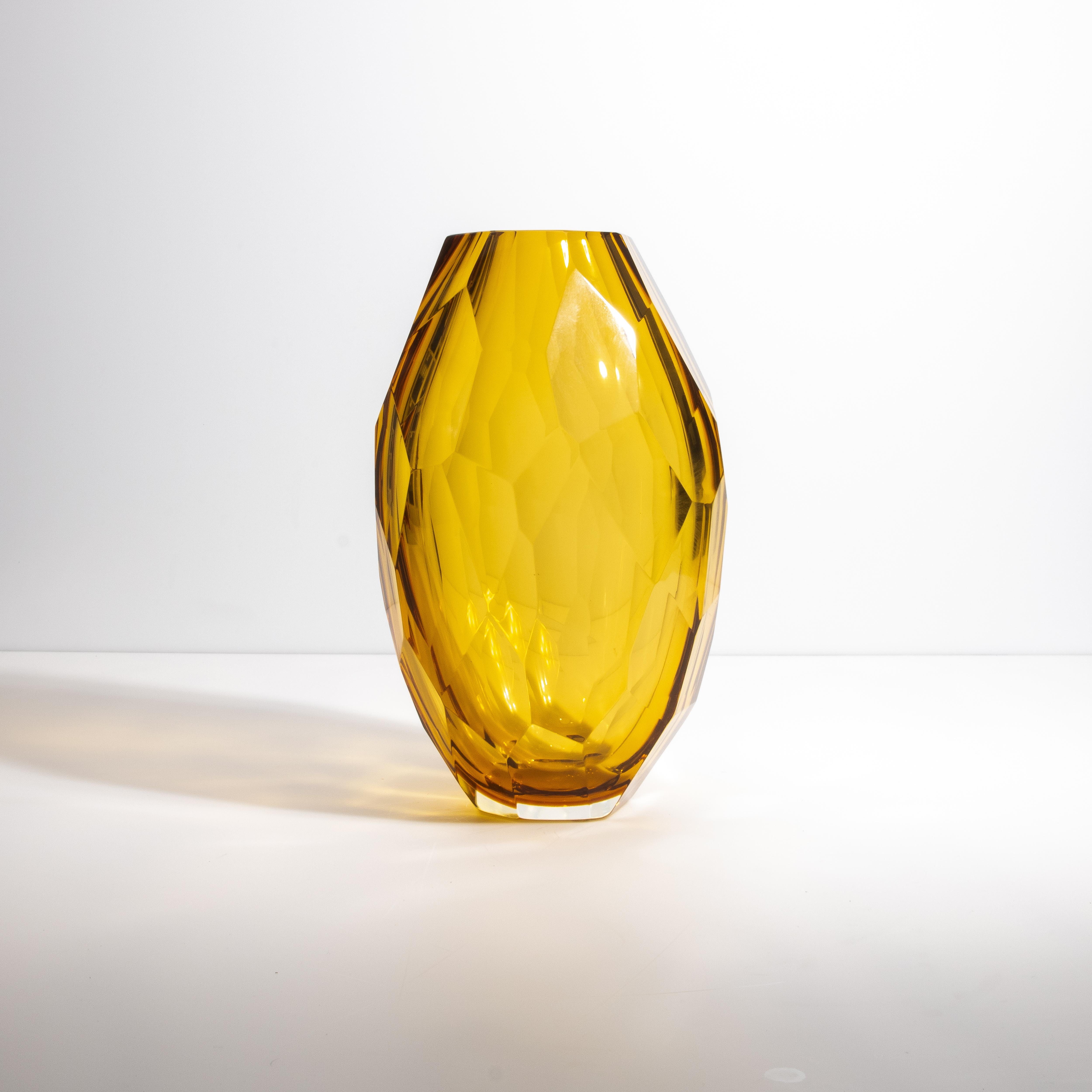 Hand-Crafted Hand Blown Murano Facet Vase in Amber Large For Sale