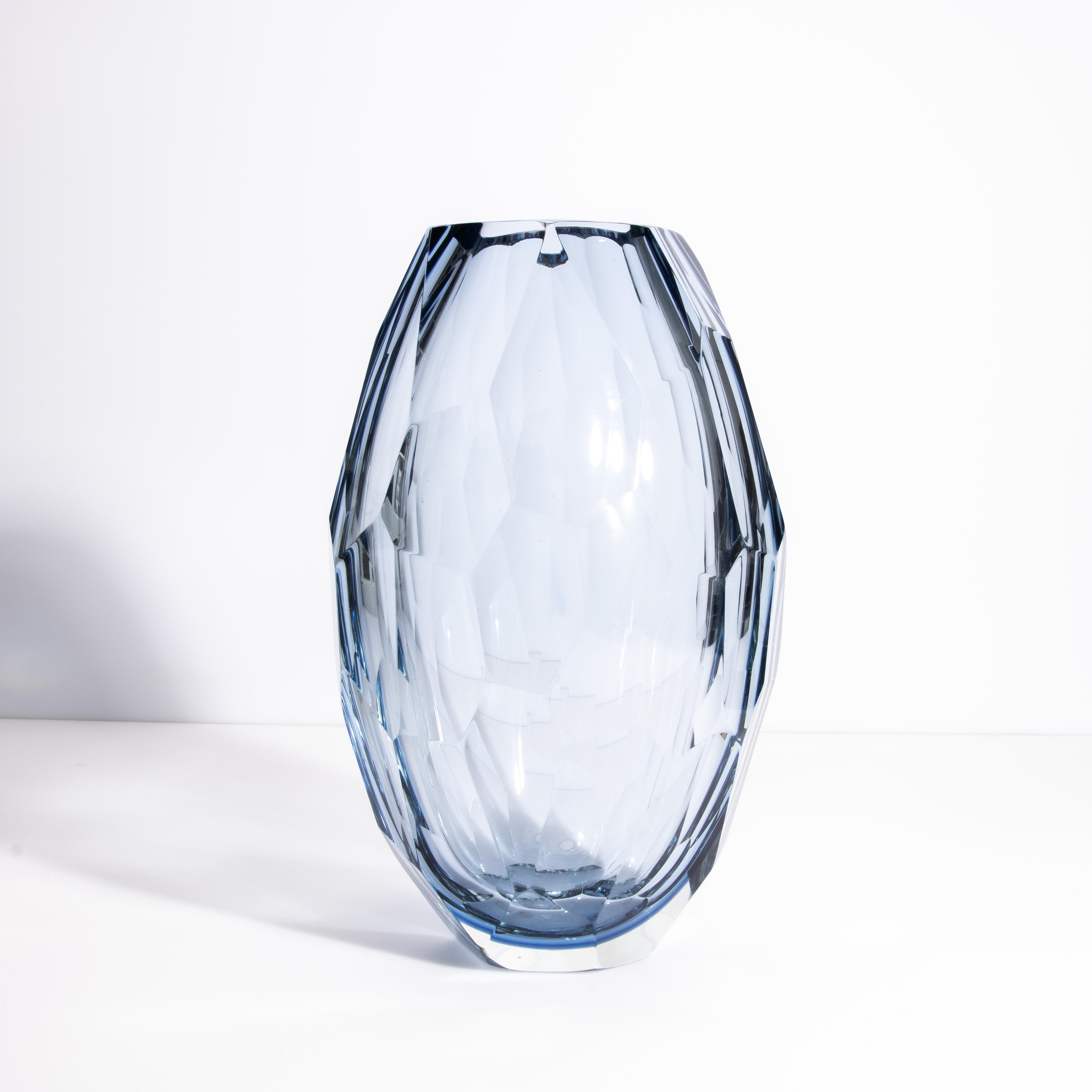 Vase baril à facettes soufflé à la main de Murano en aigue-marine, lot de 3 en vente 5