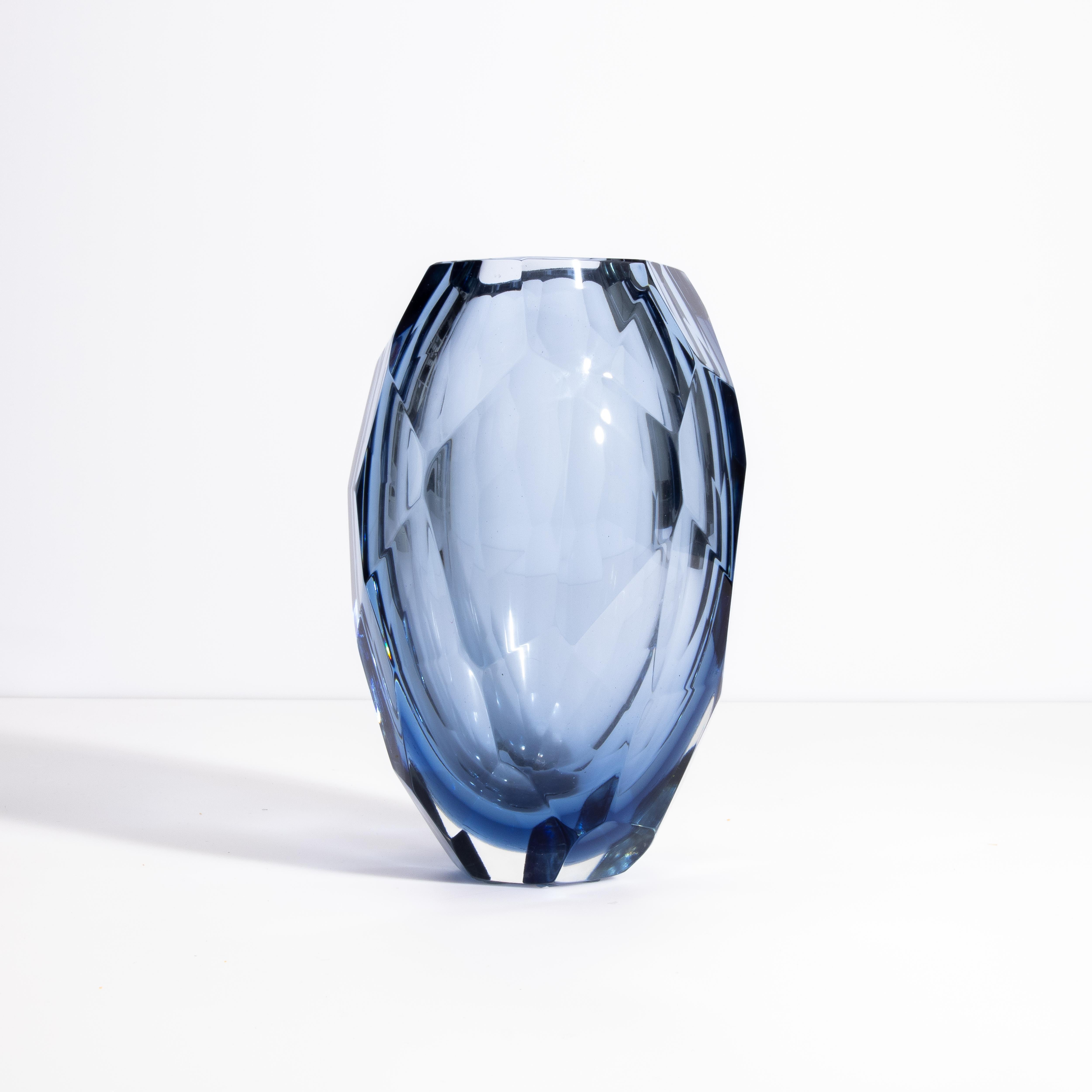 Vase baril à facettes soufflé à la main de Murano en aigue-marine, lot de 3 Neuf - En vente à West Hollywood, CA