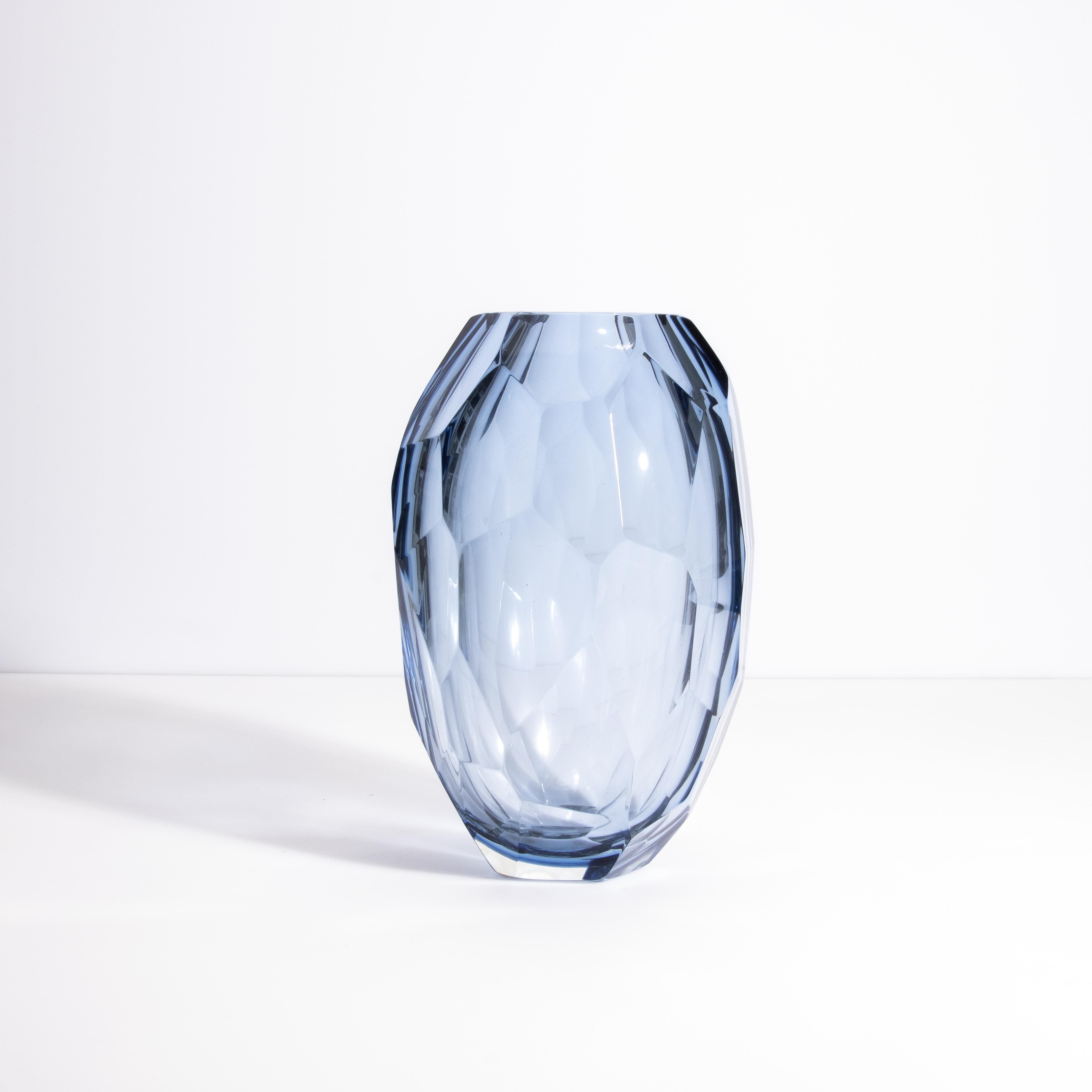 Verre de Murano Vase baril à facettes soufflé à la main de Murano en aigue-marine, lot de 3 en vente